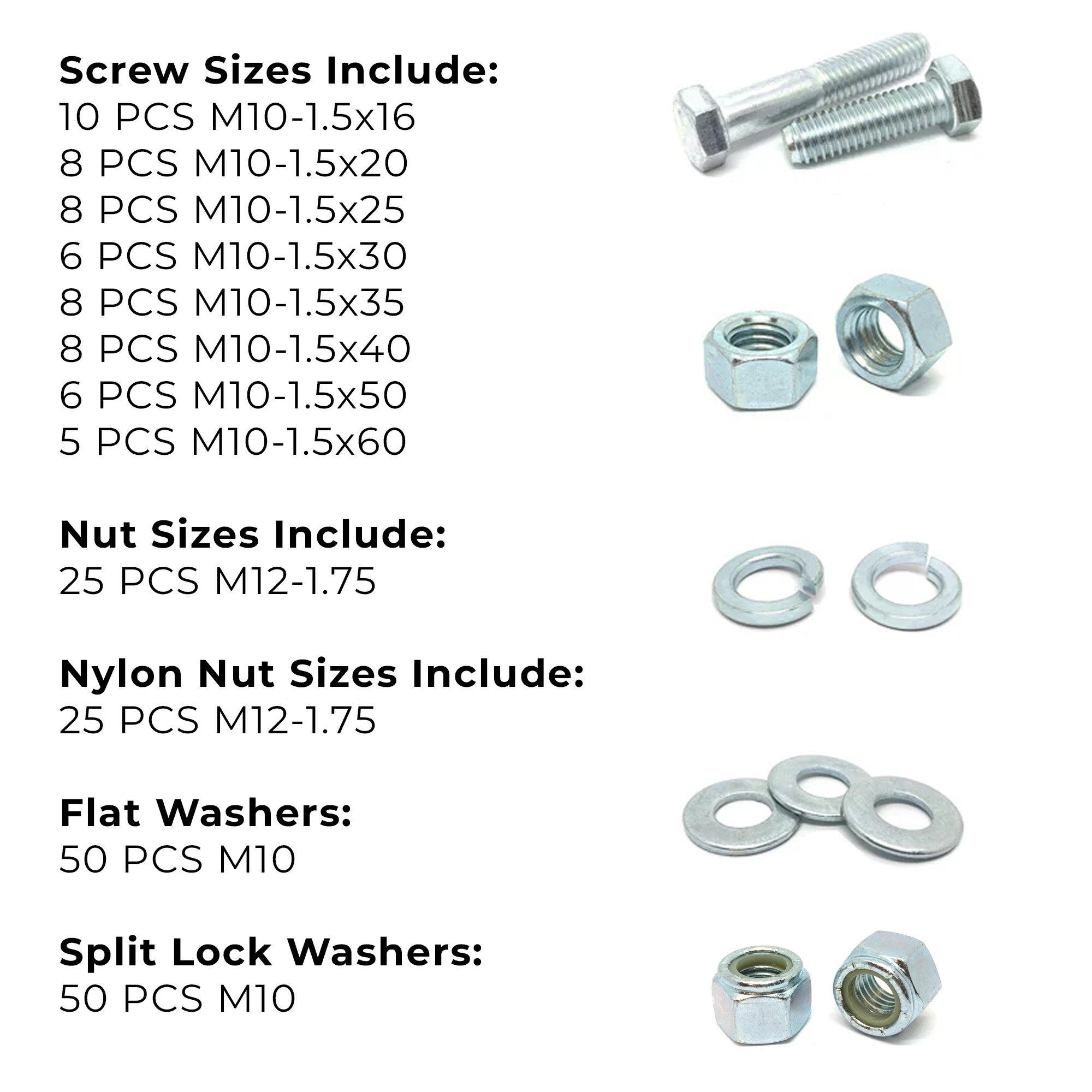 Assortment Kit #642 (210Pcs.) M10-1.5 Class 10.9 Hex Cap Screws, Hex & Nylon Nuts, Flat & Lock Washers - Zinc Plated