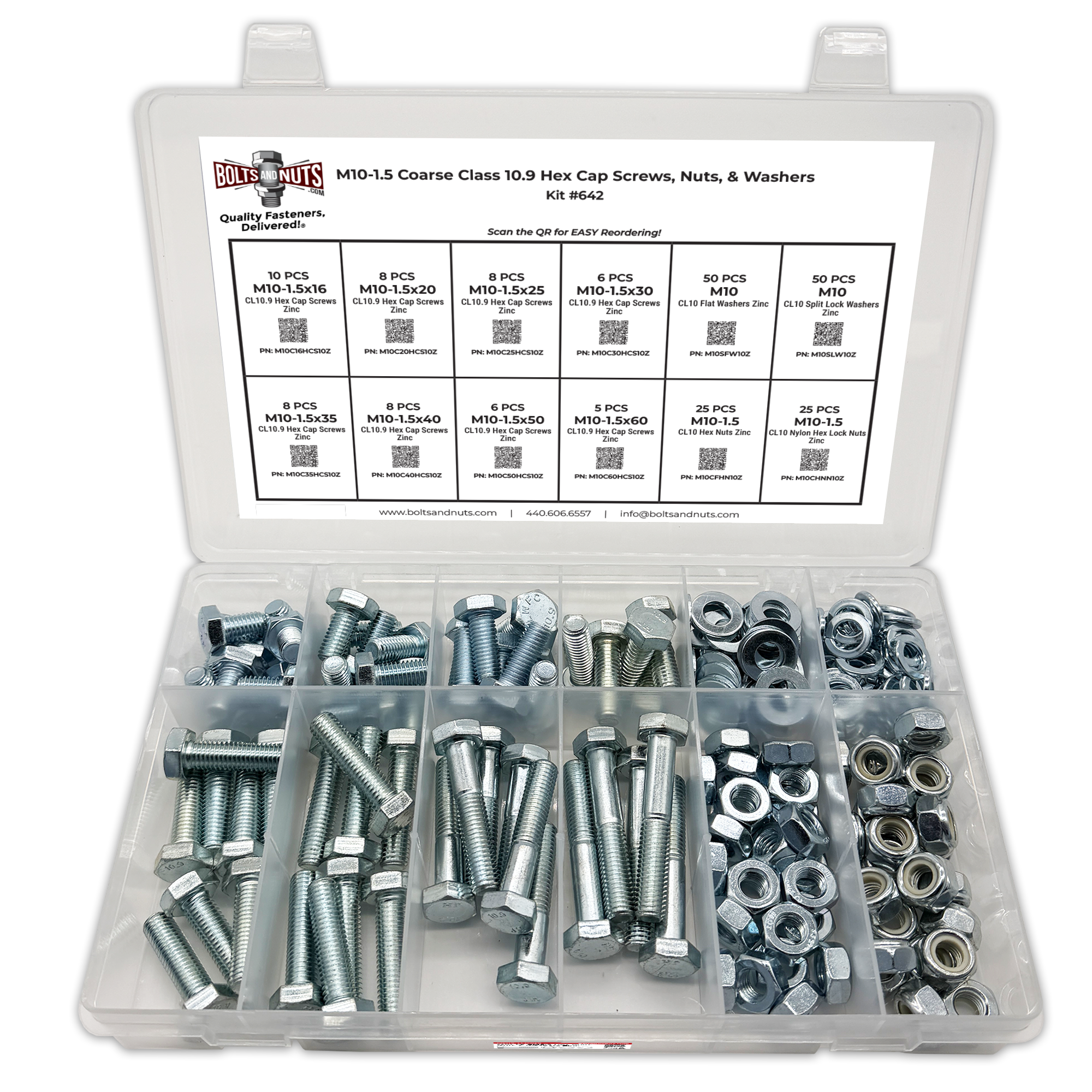 Assortment Kit #642 (210Pcs.) M10-1.5 Class 10.9 Hex Cap Screws, Hex & Nylon Nuts, Flat & Lock Washers - Zinc Plated