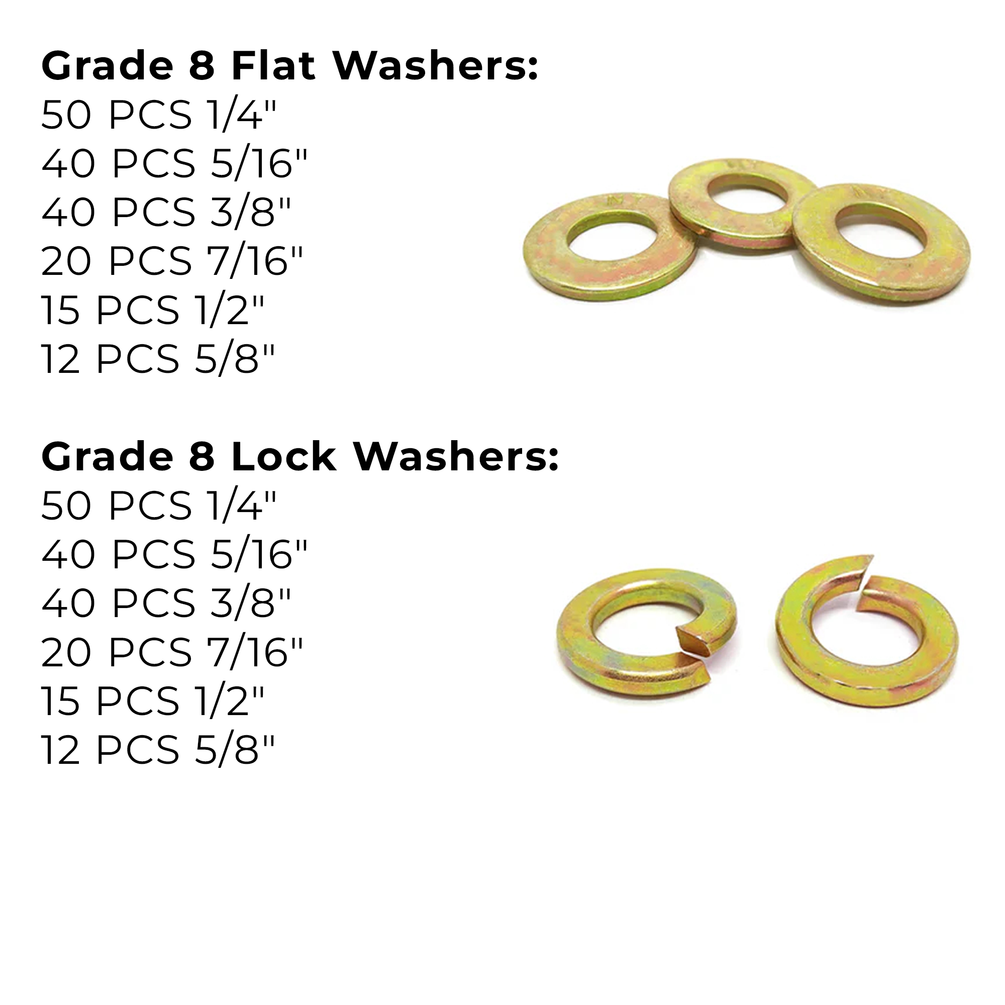 Assortment Kit #646 (355Pcs.) Grade 8 Inch Flat & Lock Washers - Zinc & Yellow Plated