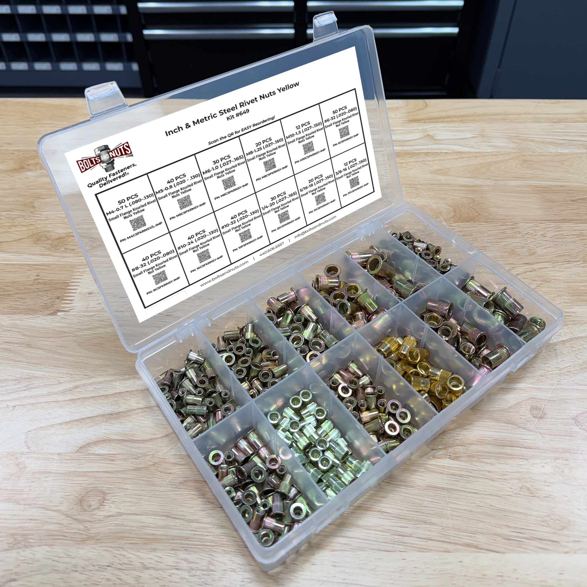 Assortment Kit #649 (385Pcs.) Inch & Metric Rivet Nut Steel - Zinc Yellow