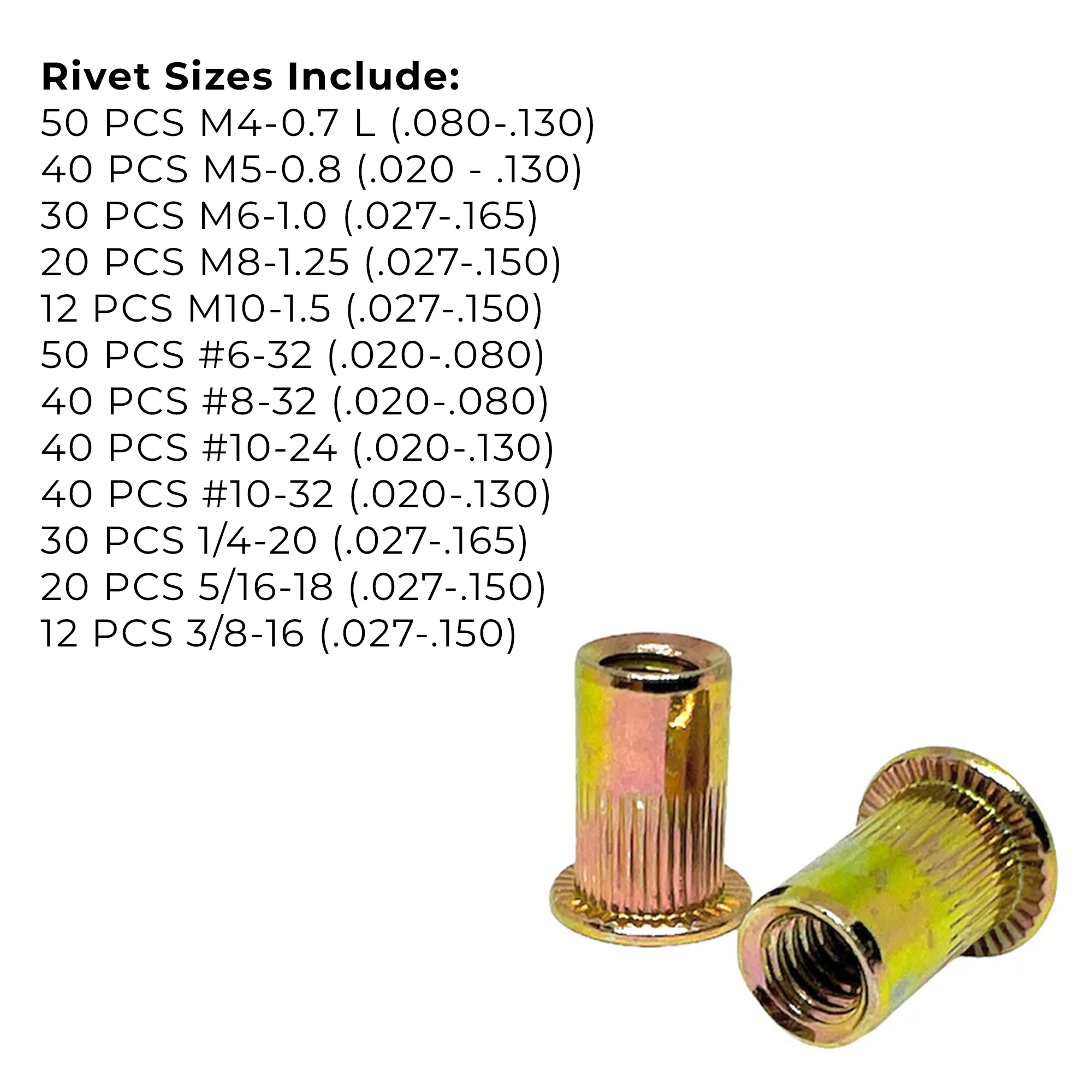 Assortment Kit #649 (385Pcs.) Inch & Metric Rivet Nut Steel - Zinc Yellow