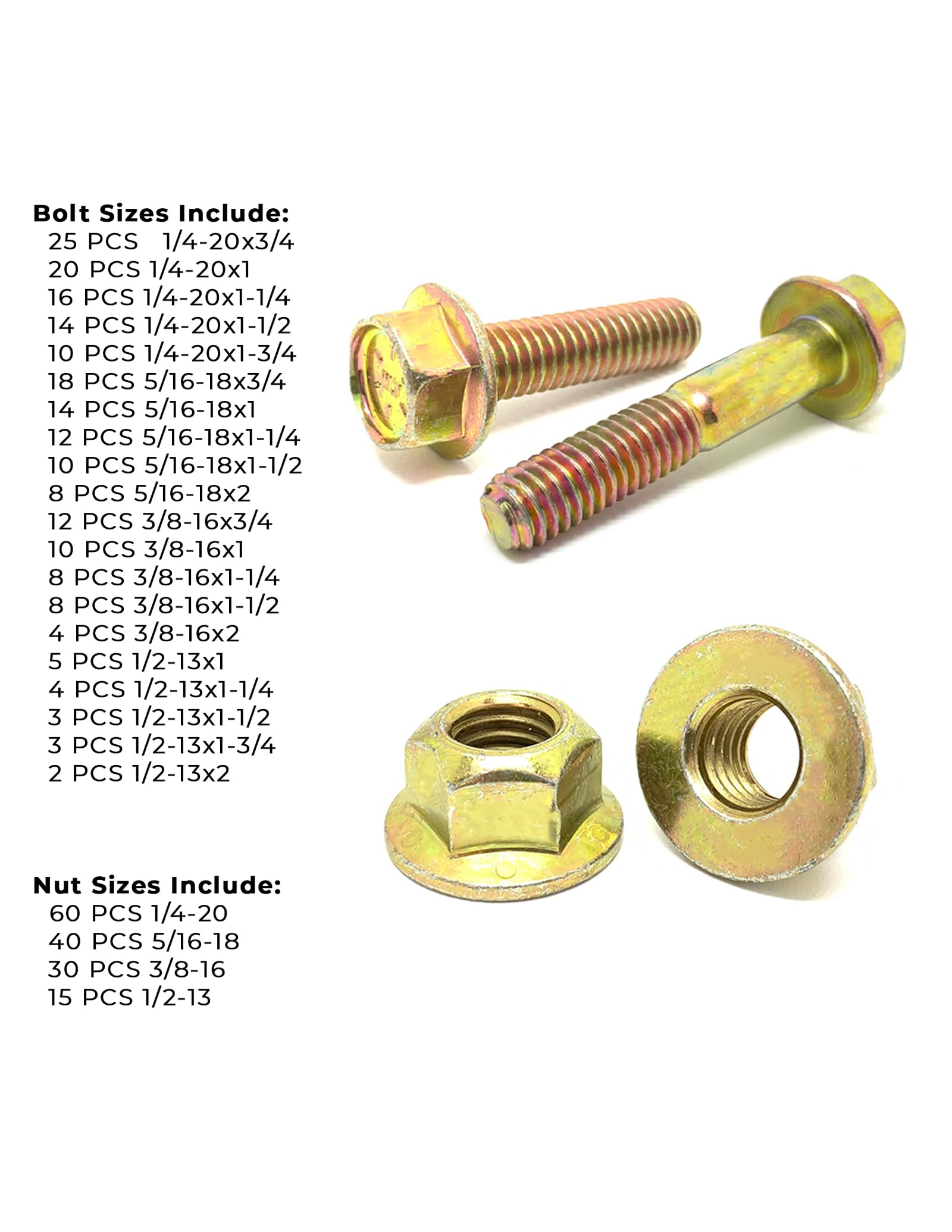 Inch Grade 8 Hex Flange Frame Bolts & Lock Nuts Yellow Assortment - 351PCS