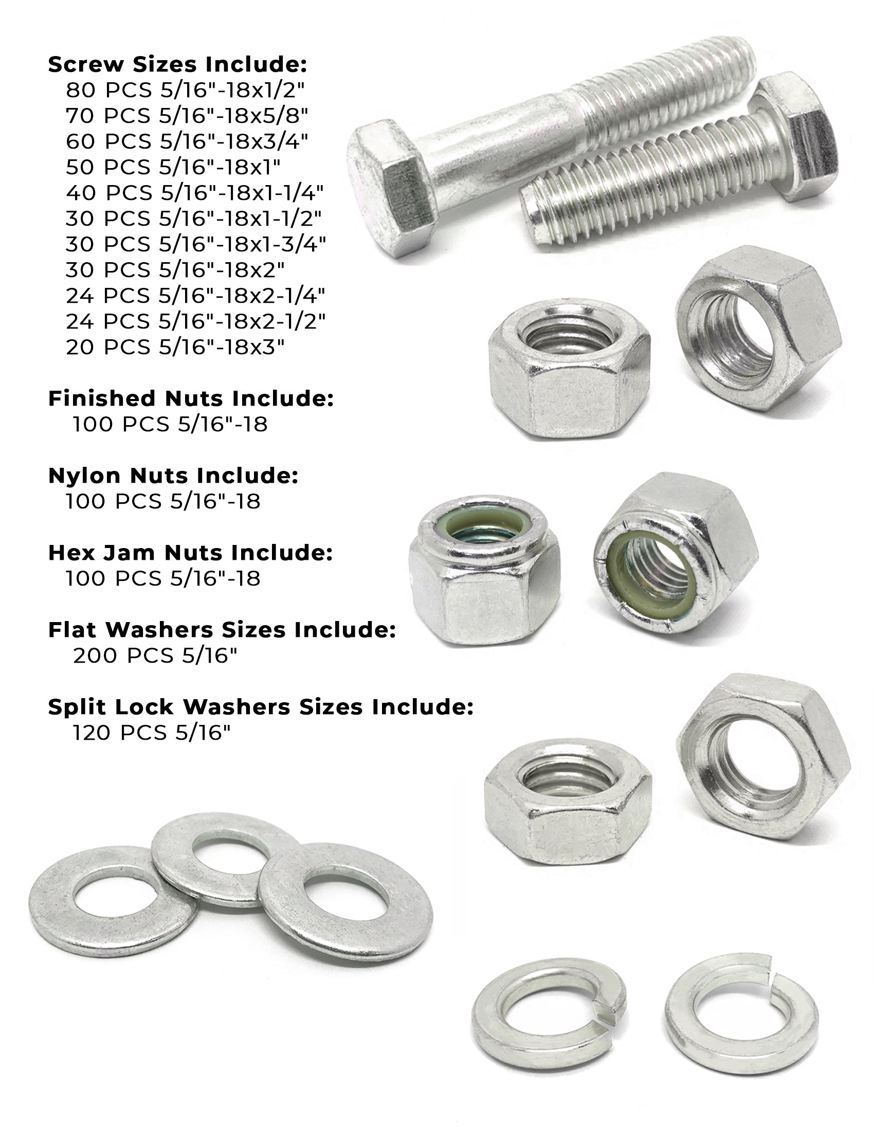 5/16"-18 Coarse 18-8 Stainless Steel Hex Cap Screws, Nuts, & Washers - 1078 PCS