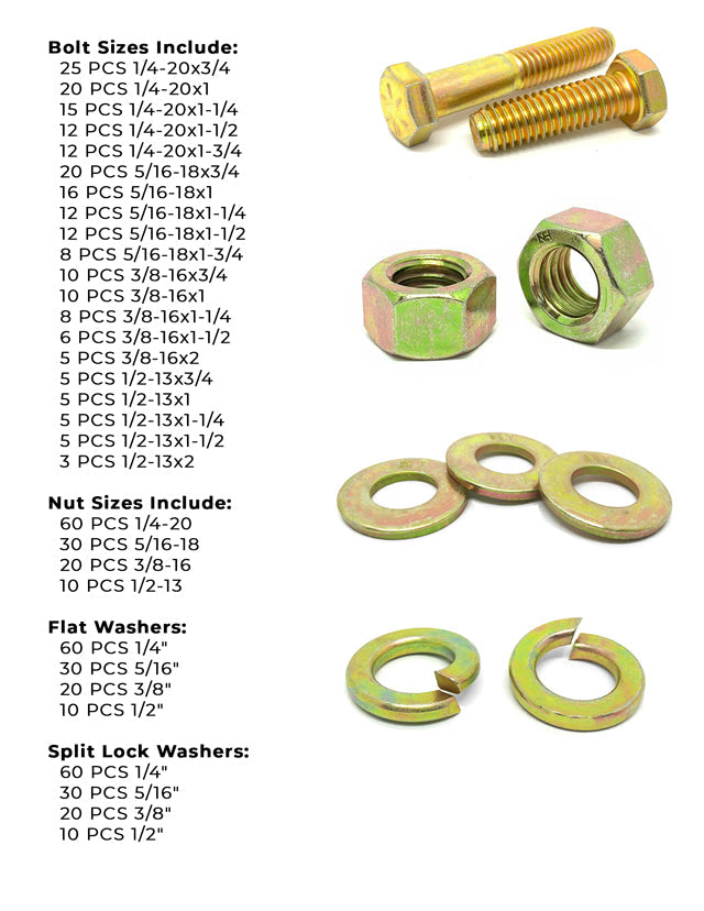 Inch Grade 8 Hex Cap Screws, Hex Nuts, Flat & Lock Washers 1/4", 5/16" 3/8", & 1/2"  - 575 PCS