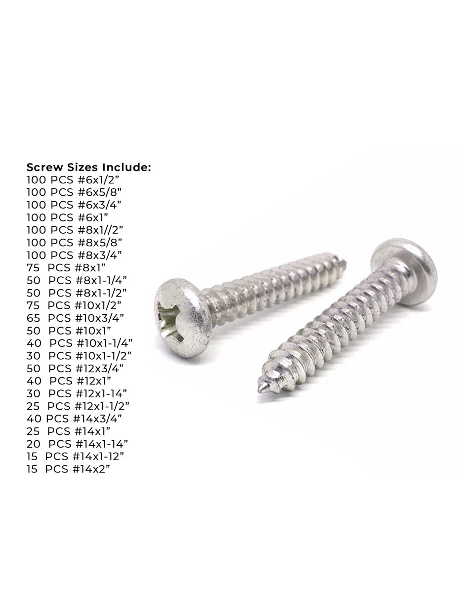 316 Stainless Phillips Pan Head Sheet Metal Self Tapping Screws Assortment - 1395 PCS