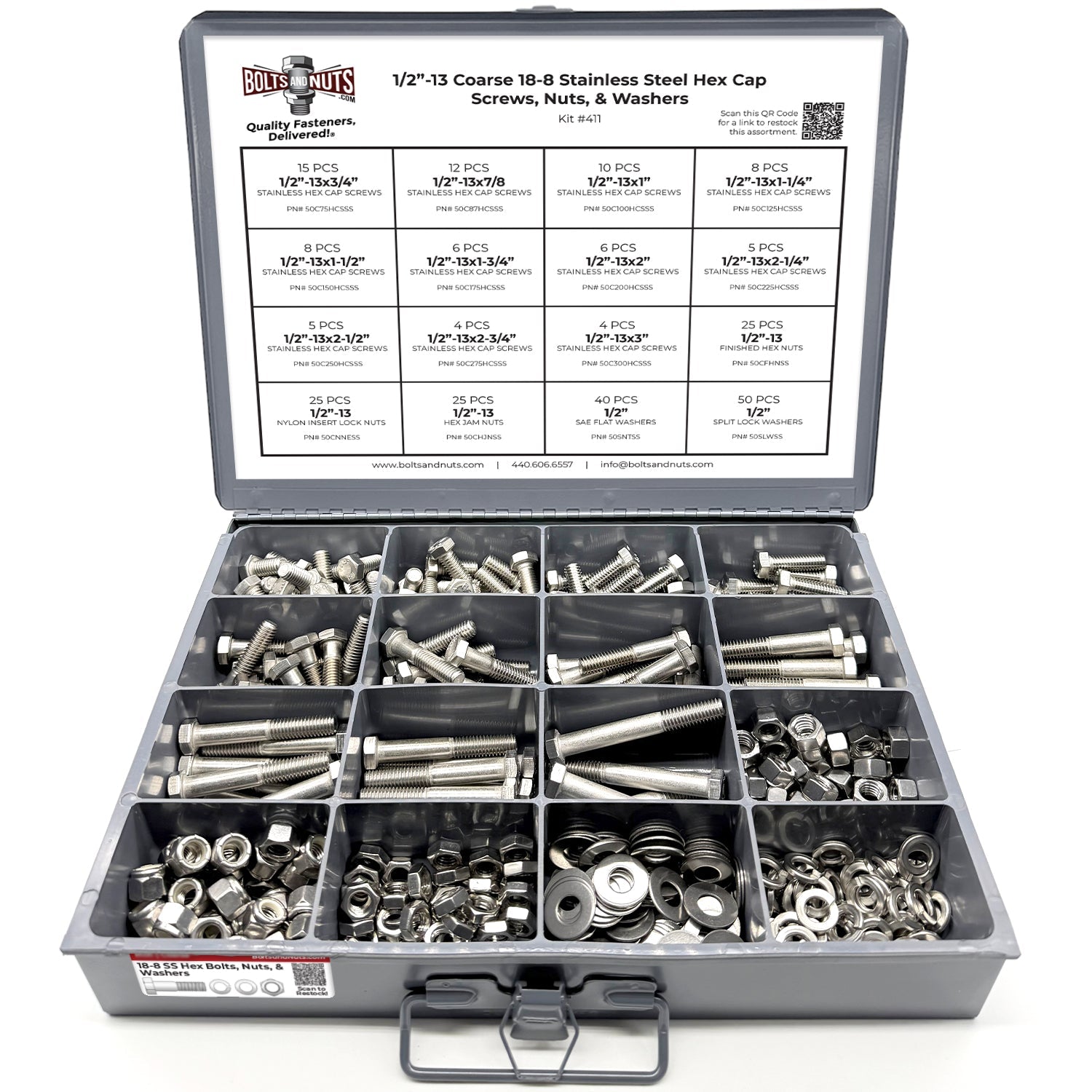 1/2"-13 Coarse 18-8 Stainless Steel Hex Cap Screws, Nuts, & Washers - 249 PCS