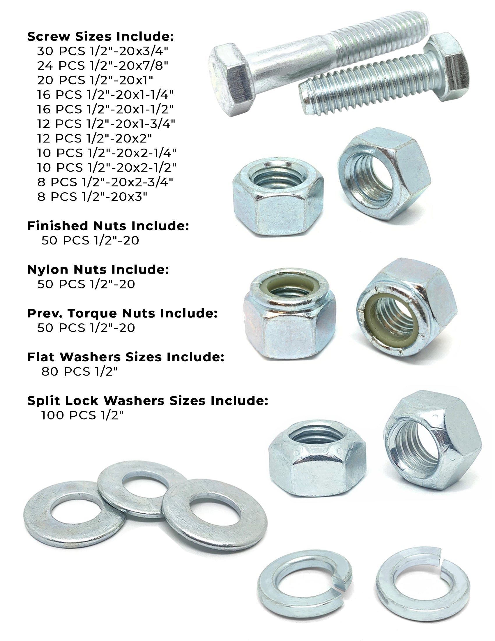 1/2"-20 Fine Grade 5 Hex Cap Screws, Nuts, & Washers - 497 PCS