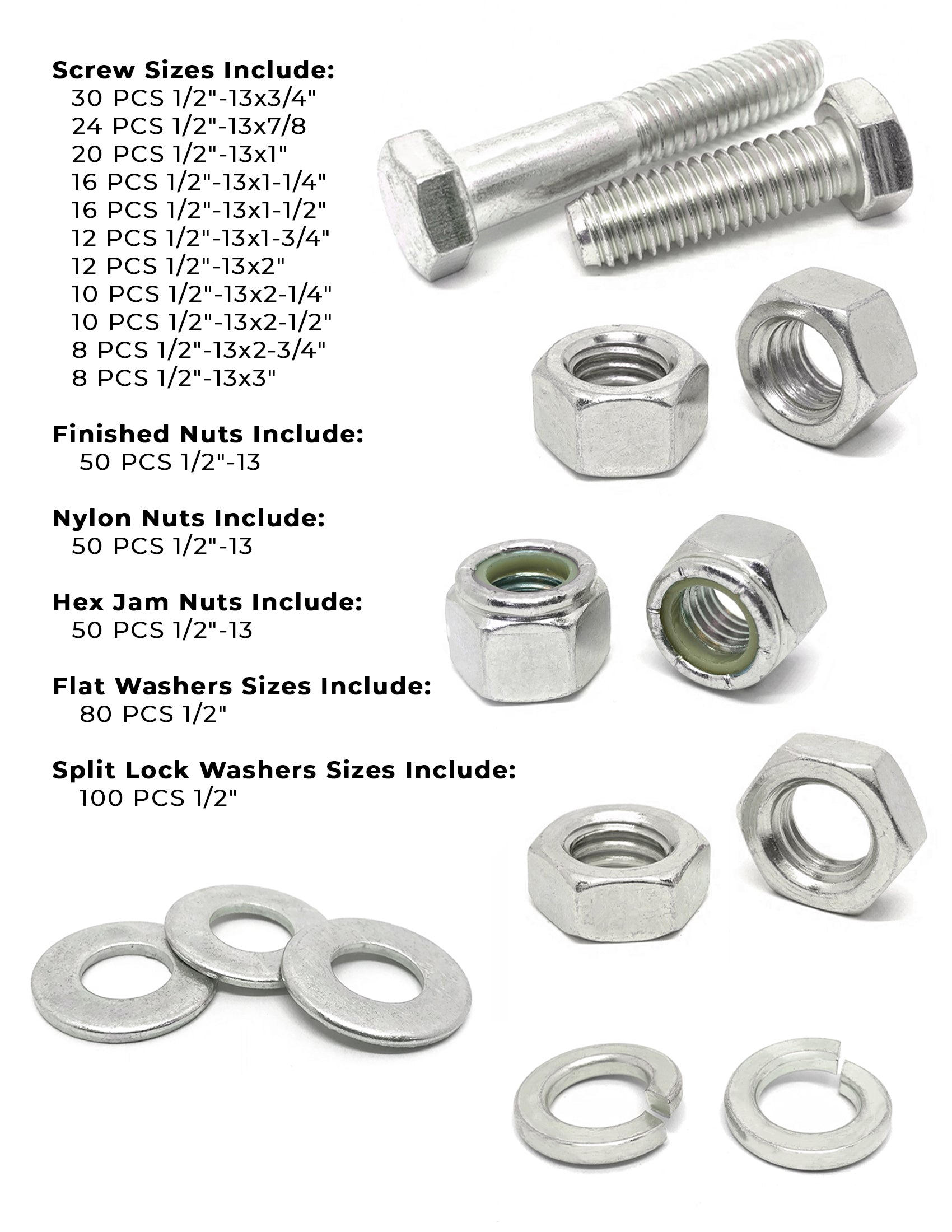 1/2"-20 Fine 18-8 Stainless Steel Hex Cap Screws, Nuts, & Washers - 497 PCS