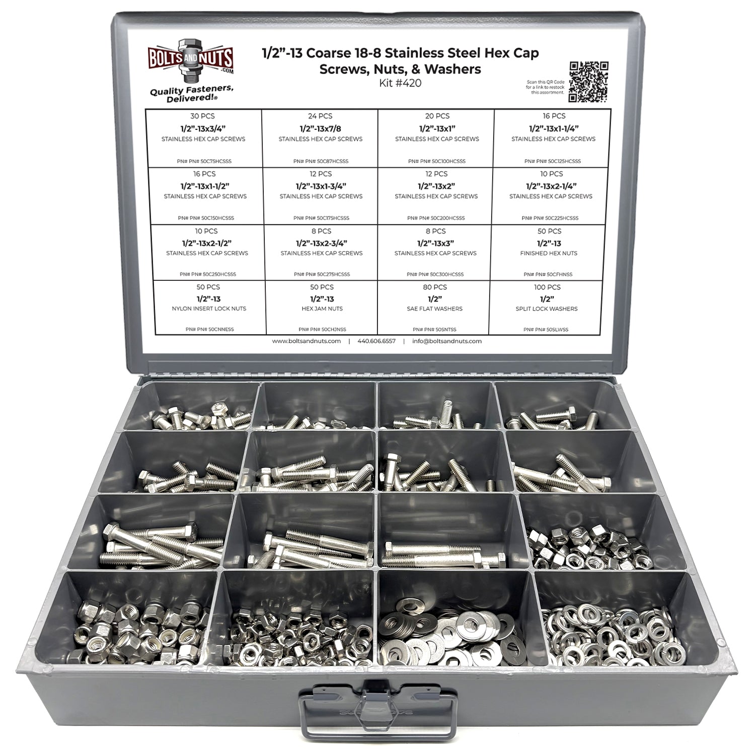 1/2"-13 Coarse 18-8 Stainless Steel Hex Cap Screws, Nuts, & Washers - 497 PCS