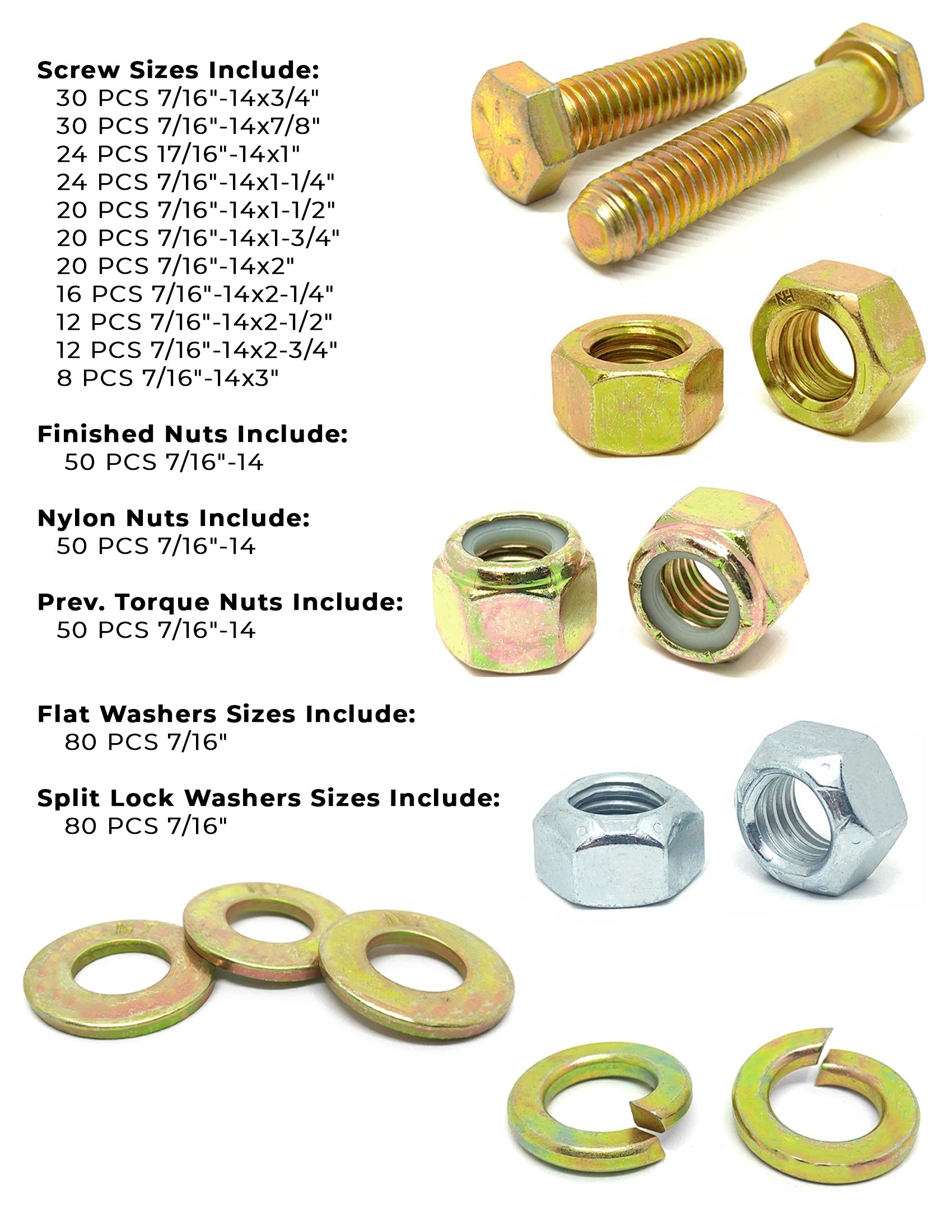 7/16"-14 Coarse Grade 8 Hex Cap Screws, Nuts, & Washers - 528 PCS
