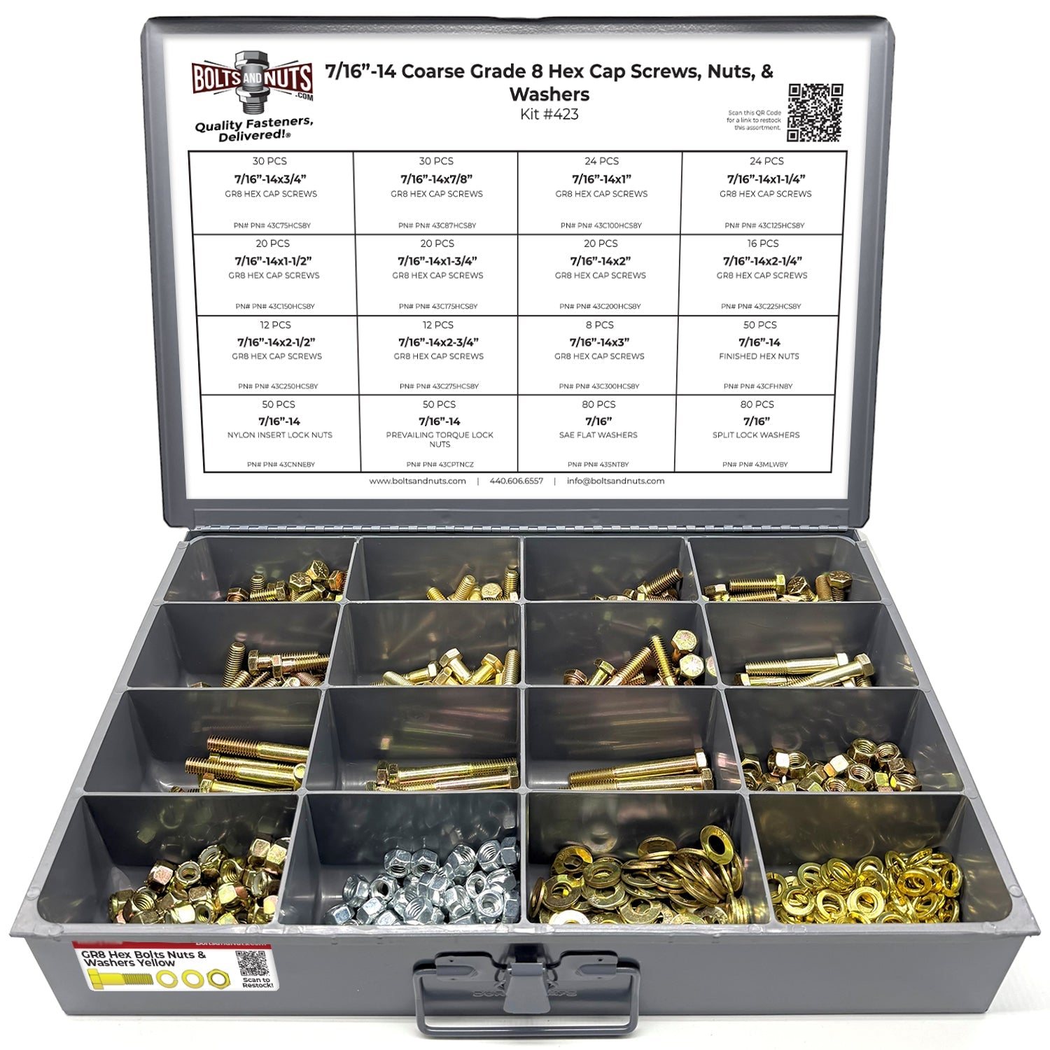 7/16"-14 Coarse Grade 8 Hex Cap Screws, Nuts, & Washers - 528 PCS