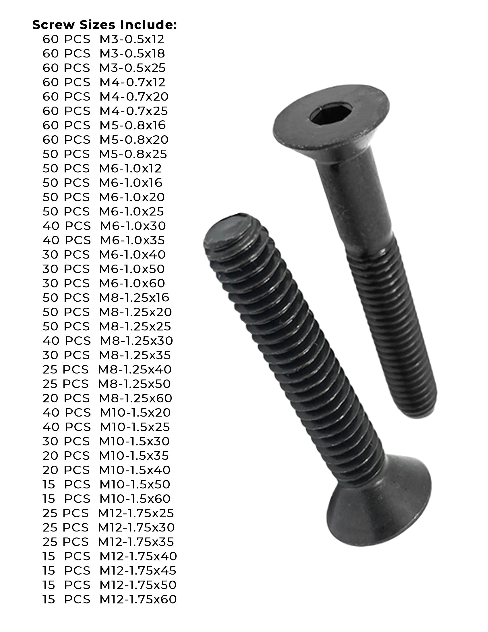 Metric Class 12.9 Flat Socket Head Cap Screws - 1510 PCS