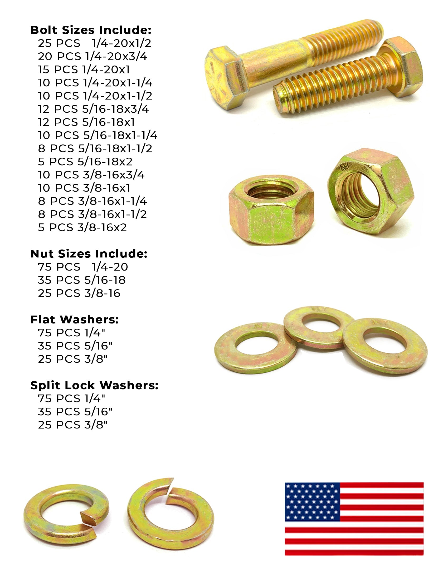 Grade 8 Hex Cap Screws, Nuts, and Washers Zinc Yellow USA Made Hardware - 574 PCS