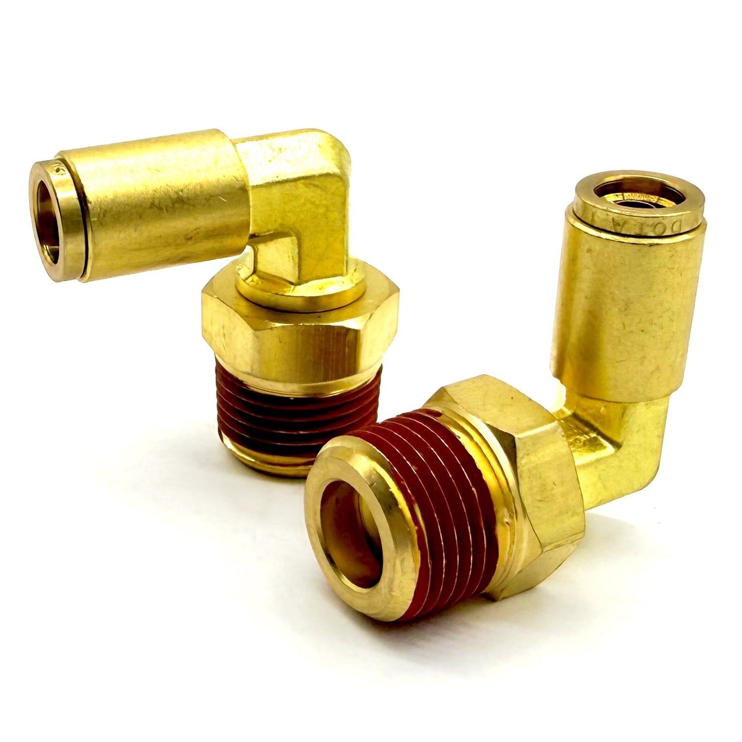 1/4" Tube to 1/4" NPT 90 Degree Elbow Male Pipe Connector, Brass D.O.T. Push to Connect Air Brake Fitting with Red Acrylic Thread Sealant