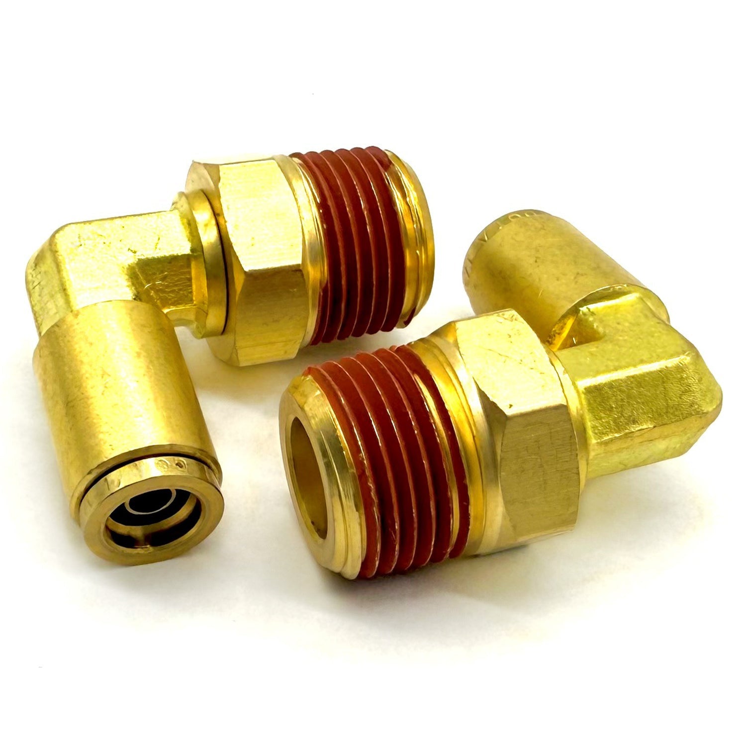1/4" Tube to 1/4" NPT 90 Degree Elbow Male Pipe Connector, Brass D.O.T. Push to Connect Air Brake Fitting with Red Acrylic Thread Sealant