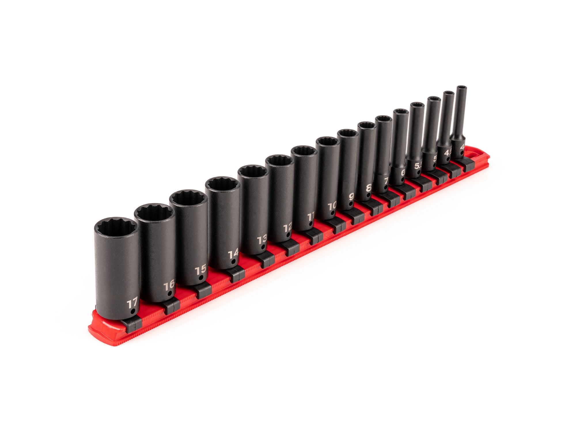 1/4 Inch Drive Deep 12-Point Impact Socket Set with Rail, 16-Piece (4 - 17 mm)