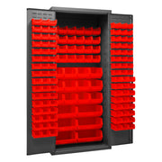 Metal Locking Storage Cabinet with 138 Red Hook-On-Bins