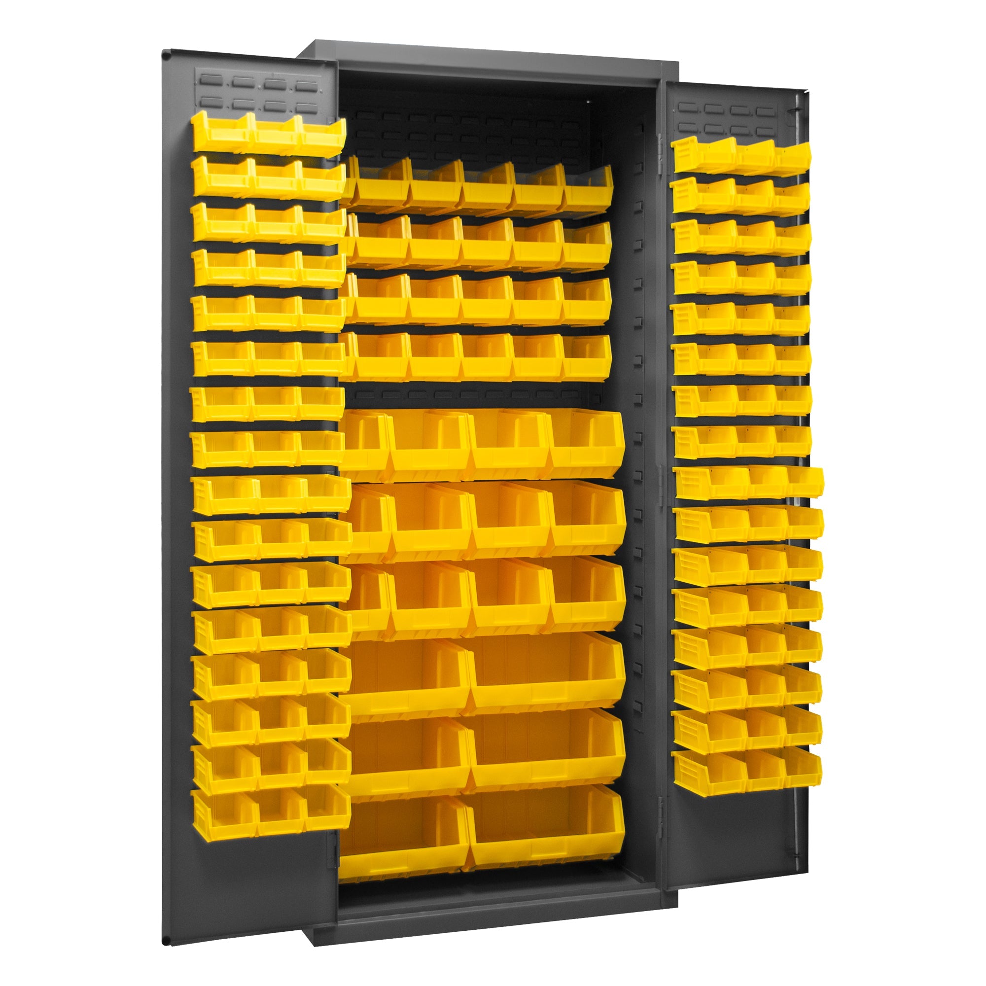 Metal Locking Storage Cabinet with 138 Yellow Hook-On-Bins