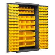 Metal Locking Storage Cabinet with 126 Yellow Hook-On-Bins