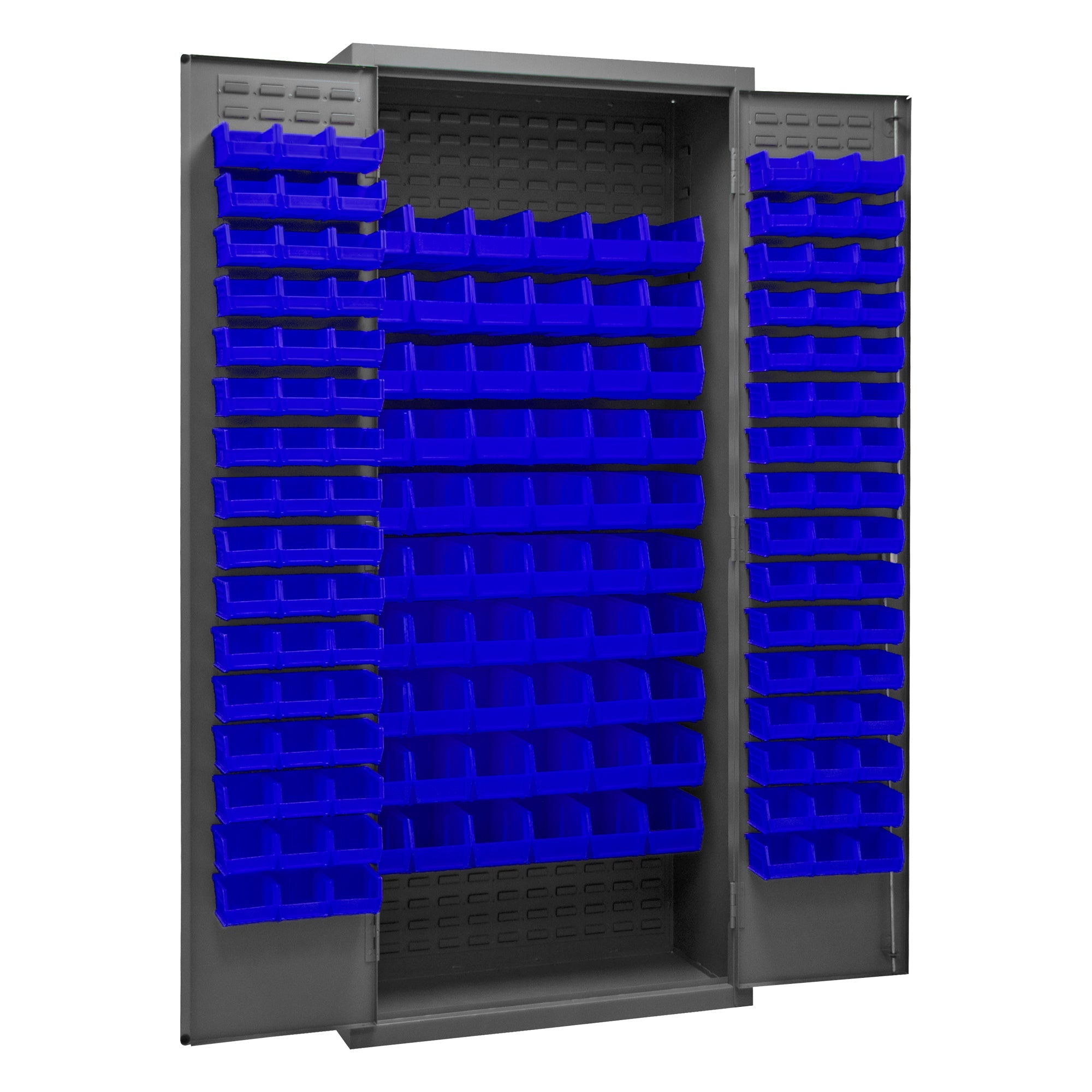 Metal Locking Storage Cabinet with 156 Blue Hook-On-Bins