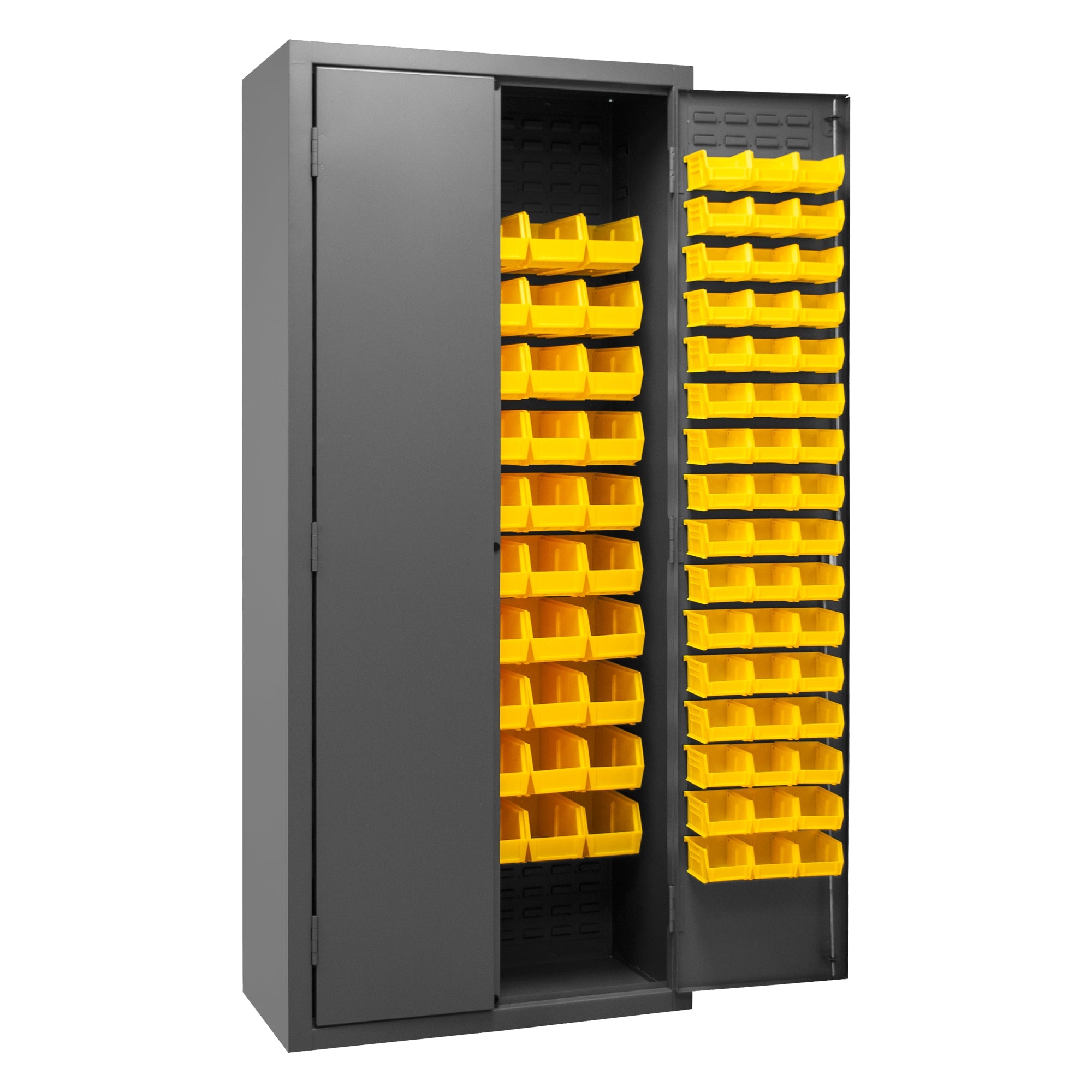 Metal Locking Storage Cabinet with 156 Yellow Hook-On-Bins