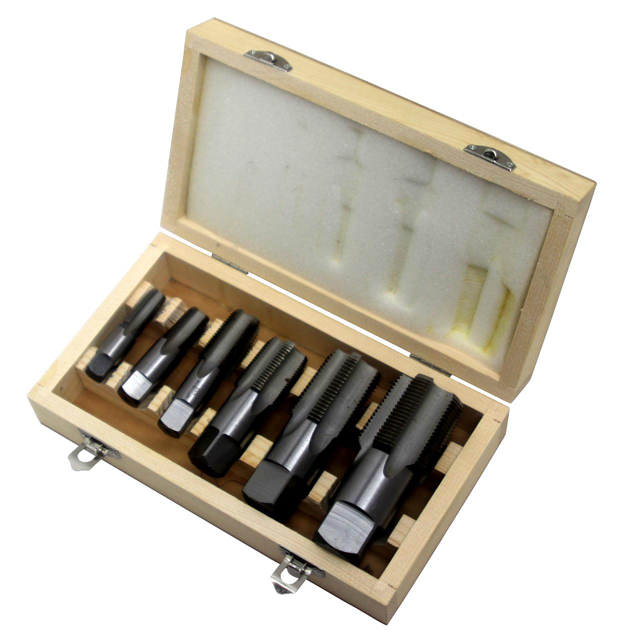 6 Piece High Speed Steel NPT Pipe Tap Set (1/8" 1/4" 3/8" 1/2" 3/4" and 1" in Wooden Case)