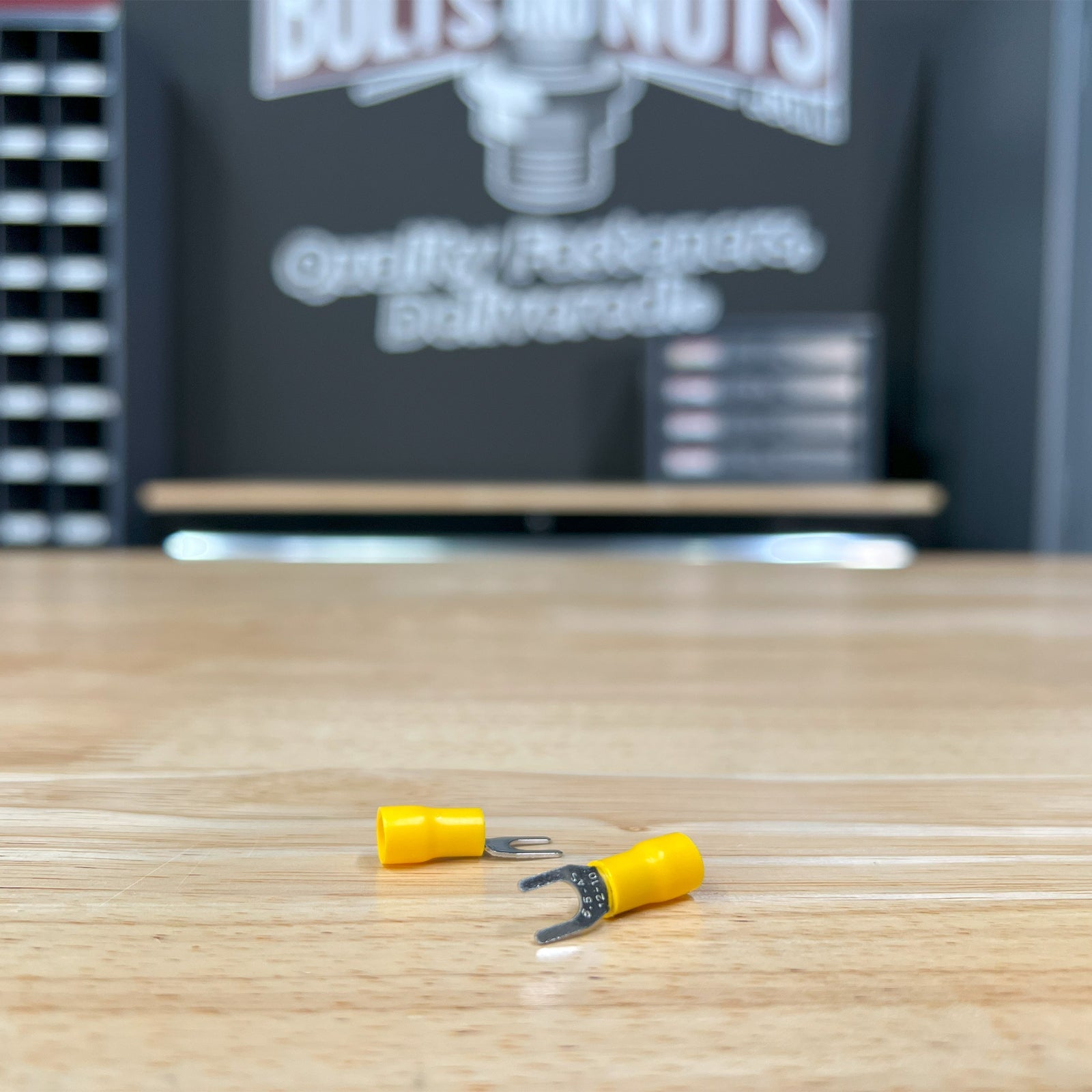Yellow PVC/Vinyl #8 Fork Crimp Connector, AWG 12-10