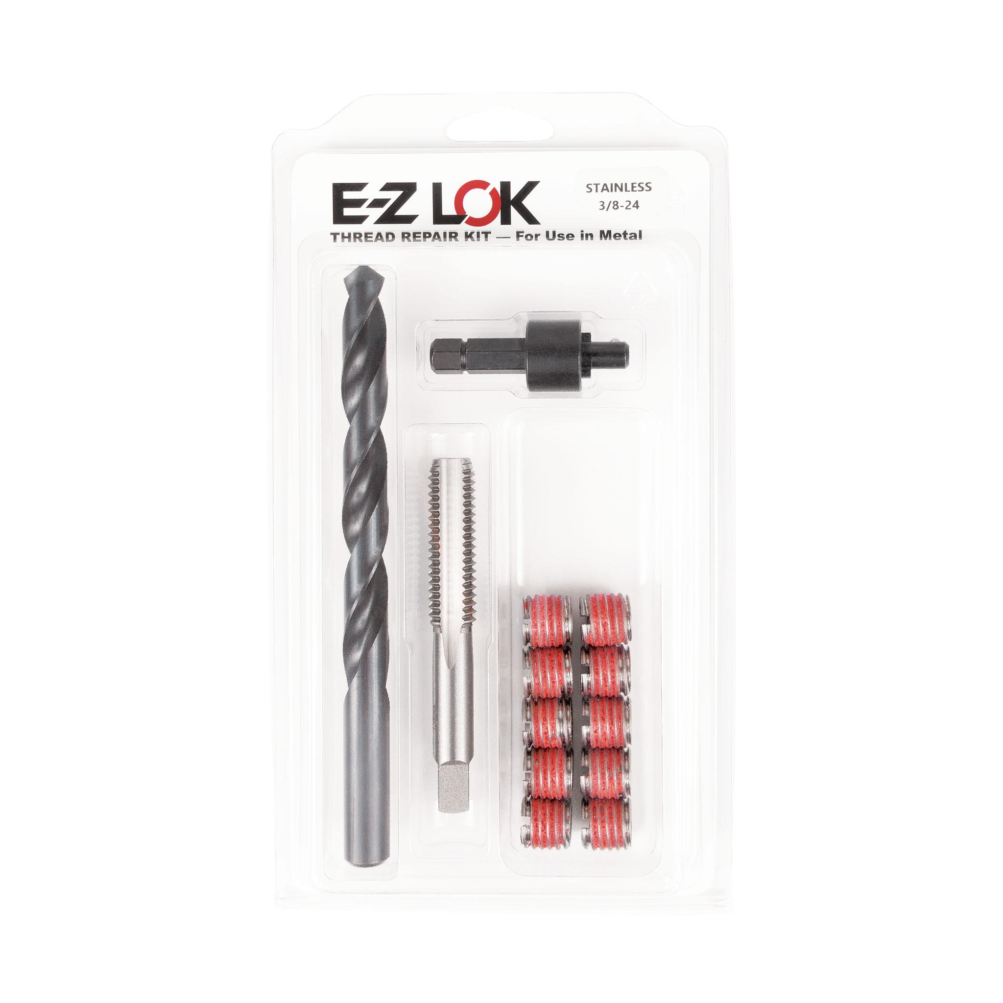 3/8"-24 x 9/16"-12 Stainless Steel Solid Wall Threaded Insert W/Red Loctite Standard Repair Kit with Inserts, Drill Bit, Tap, and Install Tool