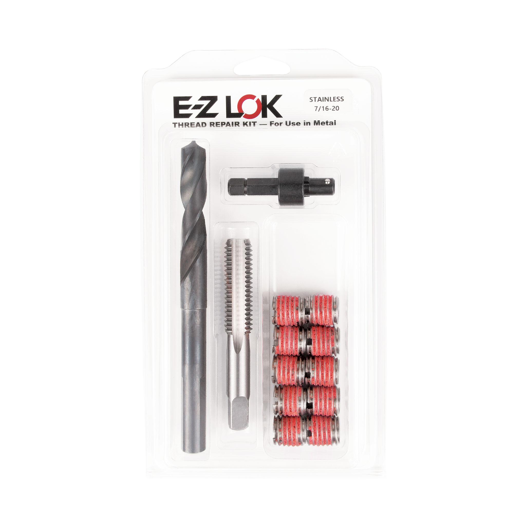 7/16"-20 x 5/8"-11 Stainless Steel Solid Wall Threaded Insert W/Red Loctite Standard Repair Kit with Inserts, Drill Bit, Tap, and Install Tool