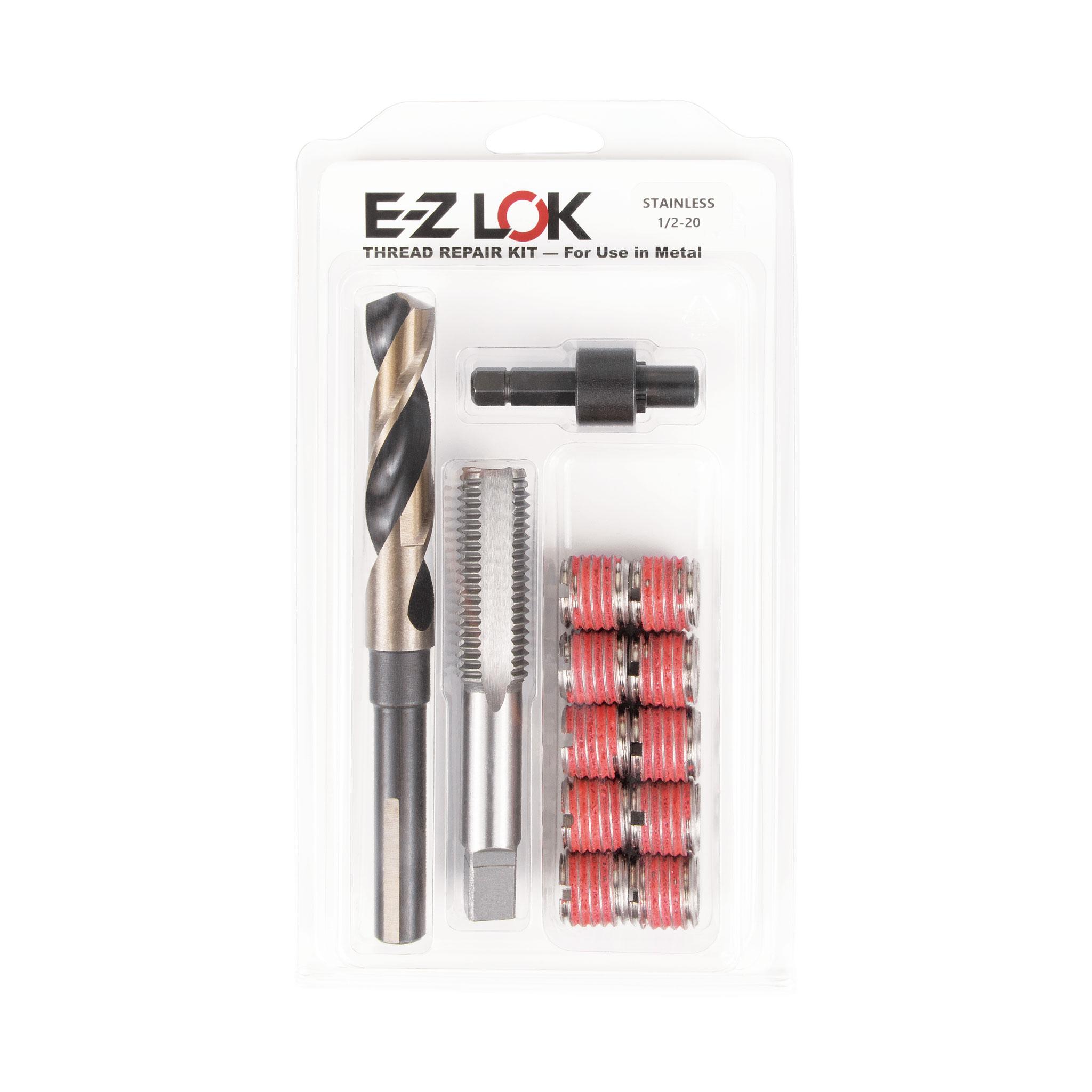 1/2"-20 x 3/4"-10 Stainless Steel Solid Wall Threaded Insert W/Red Loctite Standard Repair Kit with Inserts, Drill Bit, Tap, and Install Tool