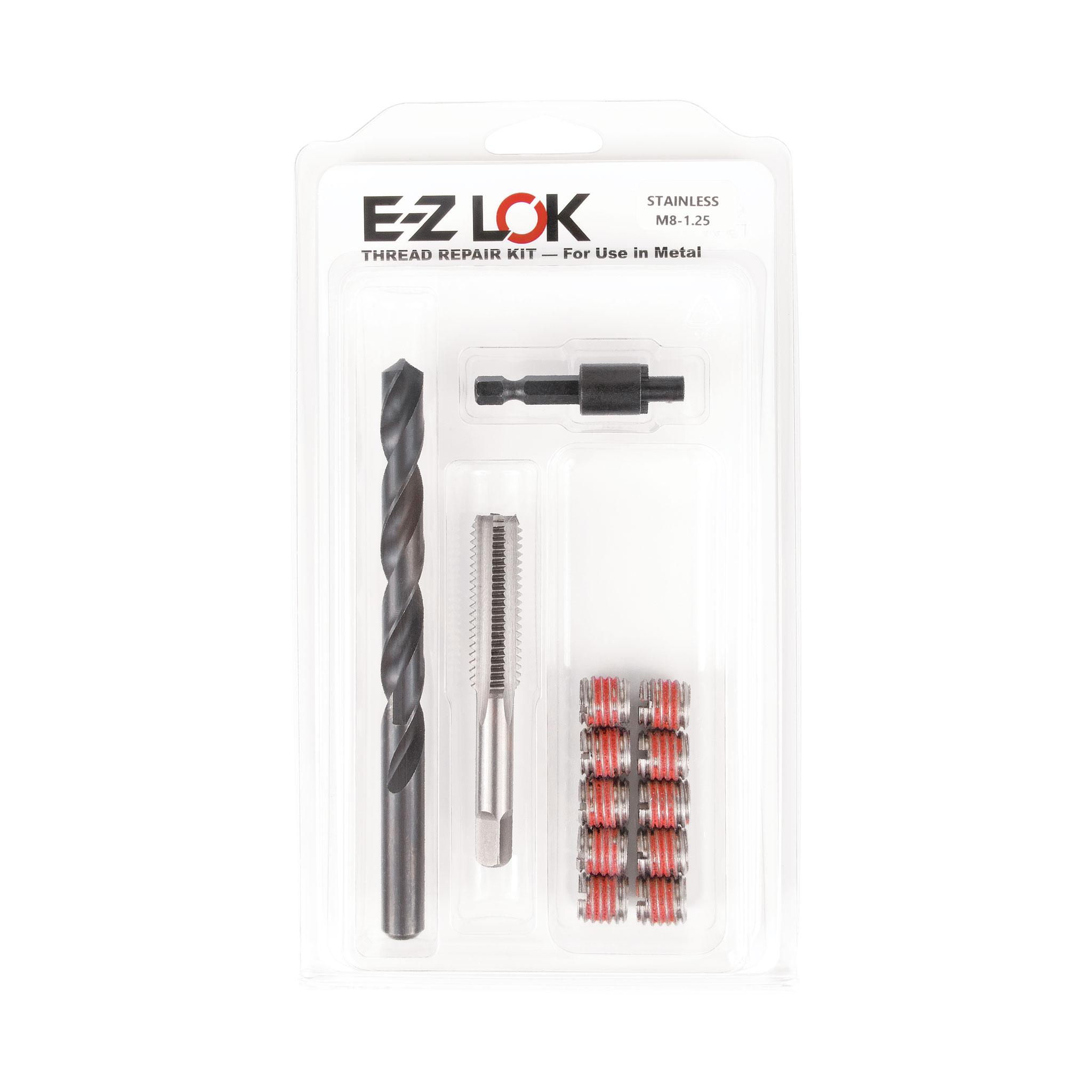 M8-1.25 x M12-1.75 Stainless Steel Solid Wall Threaded Insert W/Red Loctite Standard Repair Kit with Inserts, Drill Bit, Tap, and Install Tool