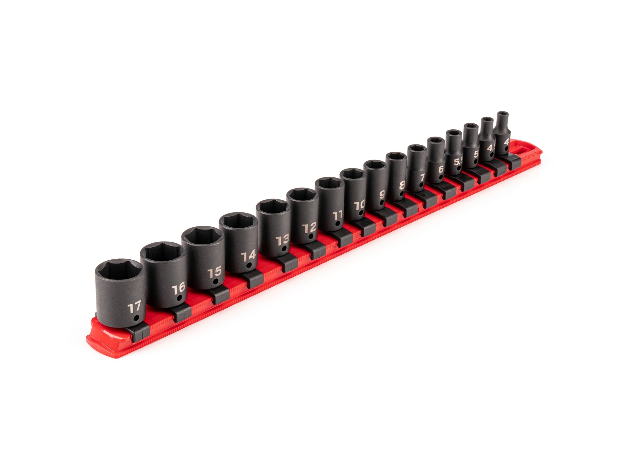 1/4 Inch Drive Shallow 6-Point Impact Socket Set with Rail, 16-Piece (4 - 17 mm)