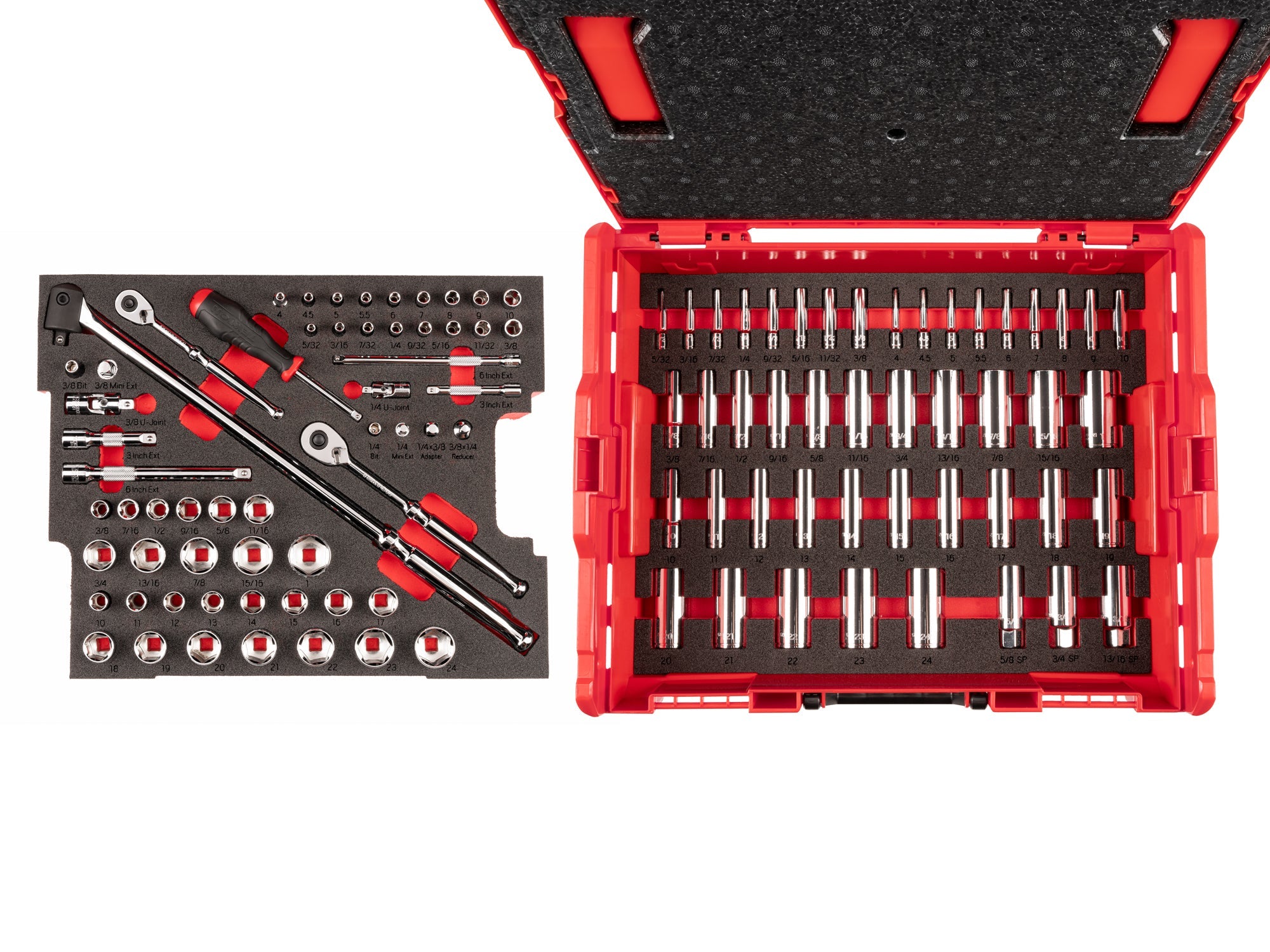 1/4, 3/8 Inch Drive Shallow and Deep 6-Point Socket Set with Lid Insert in Stacking Tool Box, 105-Piece (5/32 - 1 in., 4 - 24 mm)