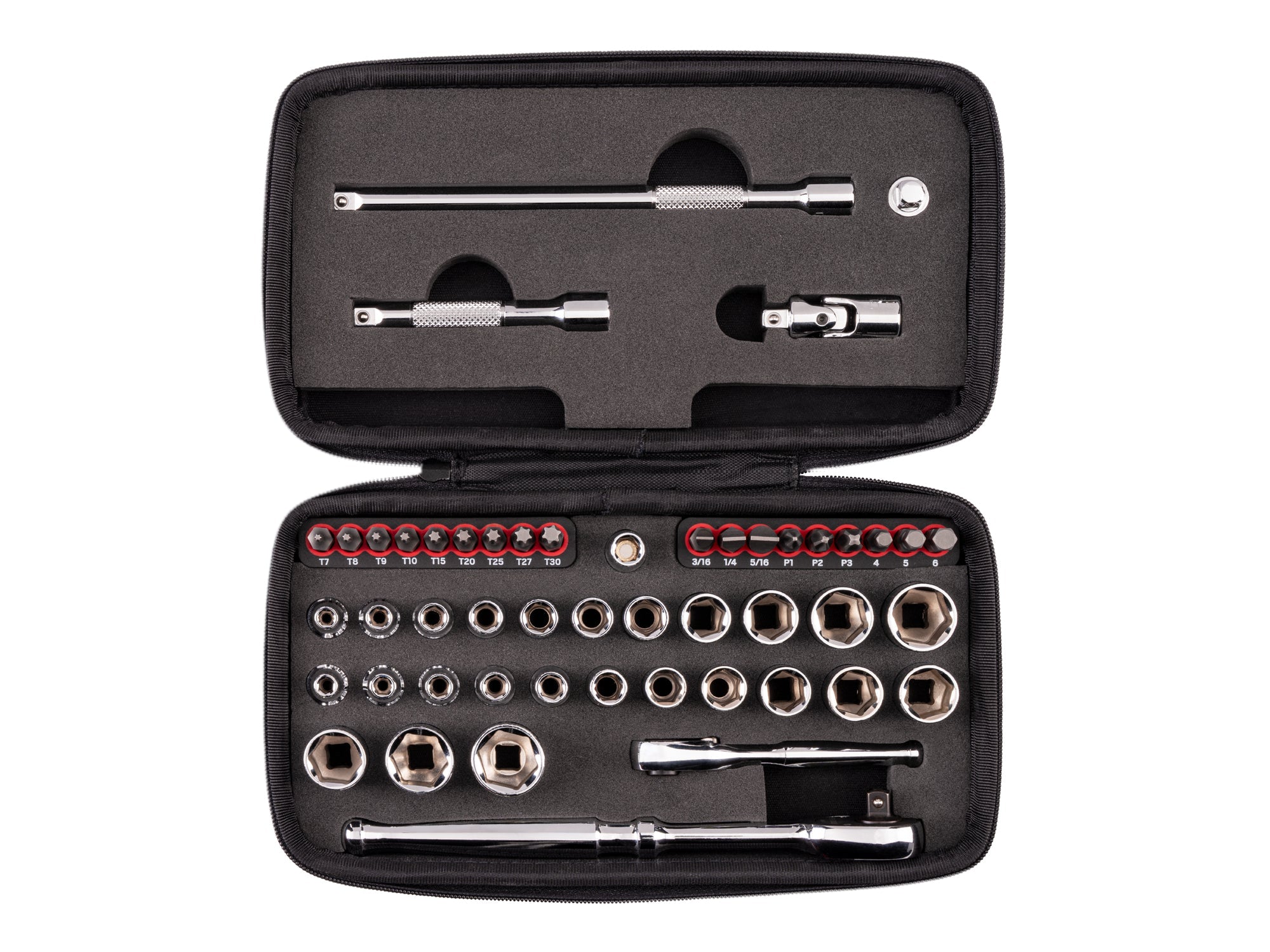 1/4 Inch Drive 6-Point Small Engine Shallow Socket, Bit, and Non-Quick-Release Ratchet Set with Case (50-Piece)