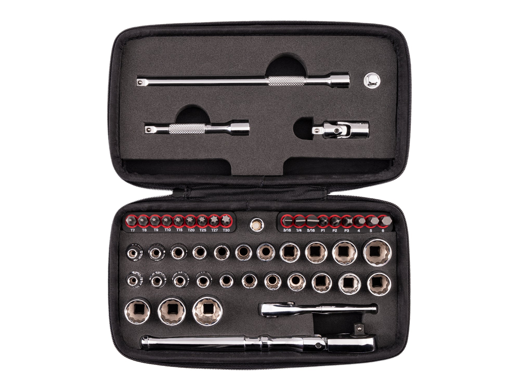 1/4 Inch Drive 12-Point Small Engine Shallow Socket, Bit and Flex Head Quick-Release Ratchet Set with Case (50-Piece)