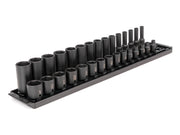 3/8 Inch Drive Shallow and Deep 6-Point Impact Socket Set with Rails and Tray, 30-Piece (1/4 - 1 in.)