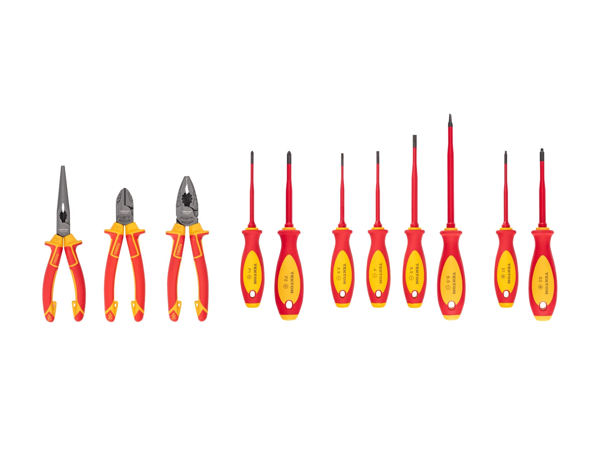 Insulated Phillips, Slotted, Square Drivers and Pliers Set, 11-Piece (Combination, Long Nose, Diagonal Cutting)