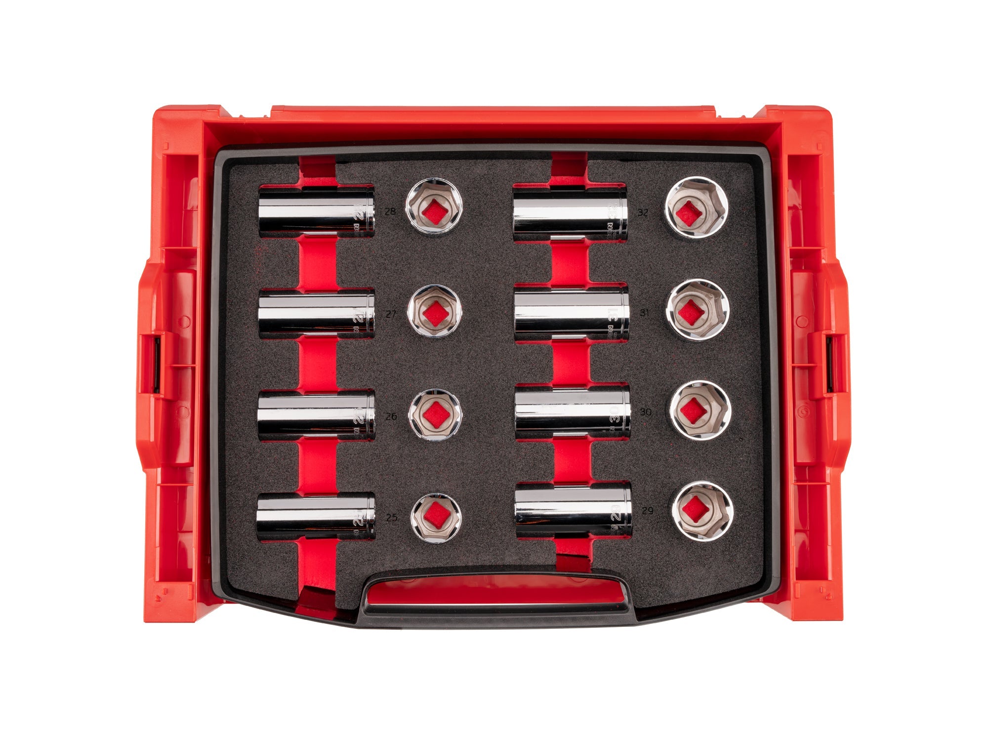 1/2 Inch Drive Shallow and Deep 6-Point Socket Set with Open Top Drawer and Rack, 16-Piece (25 - 32 mm)