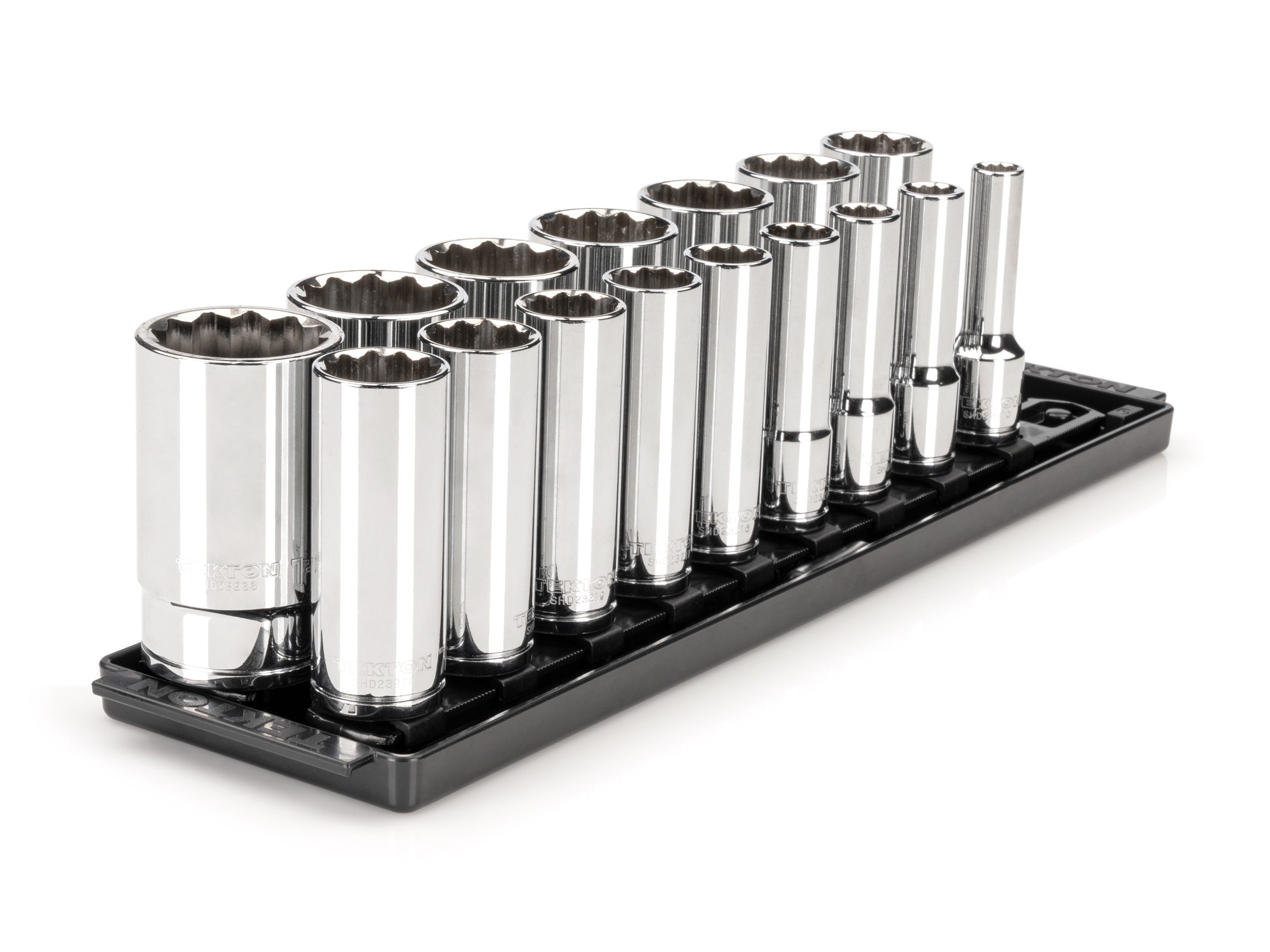 1/2 Inch Drive Deep 12-Point Socket Set with Rails and Tray, 16-Piece (3/8 - 1-5/16 in.)
