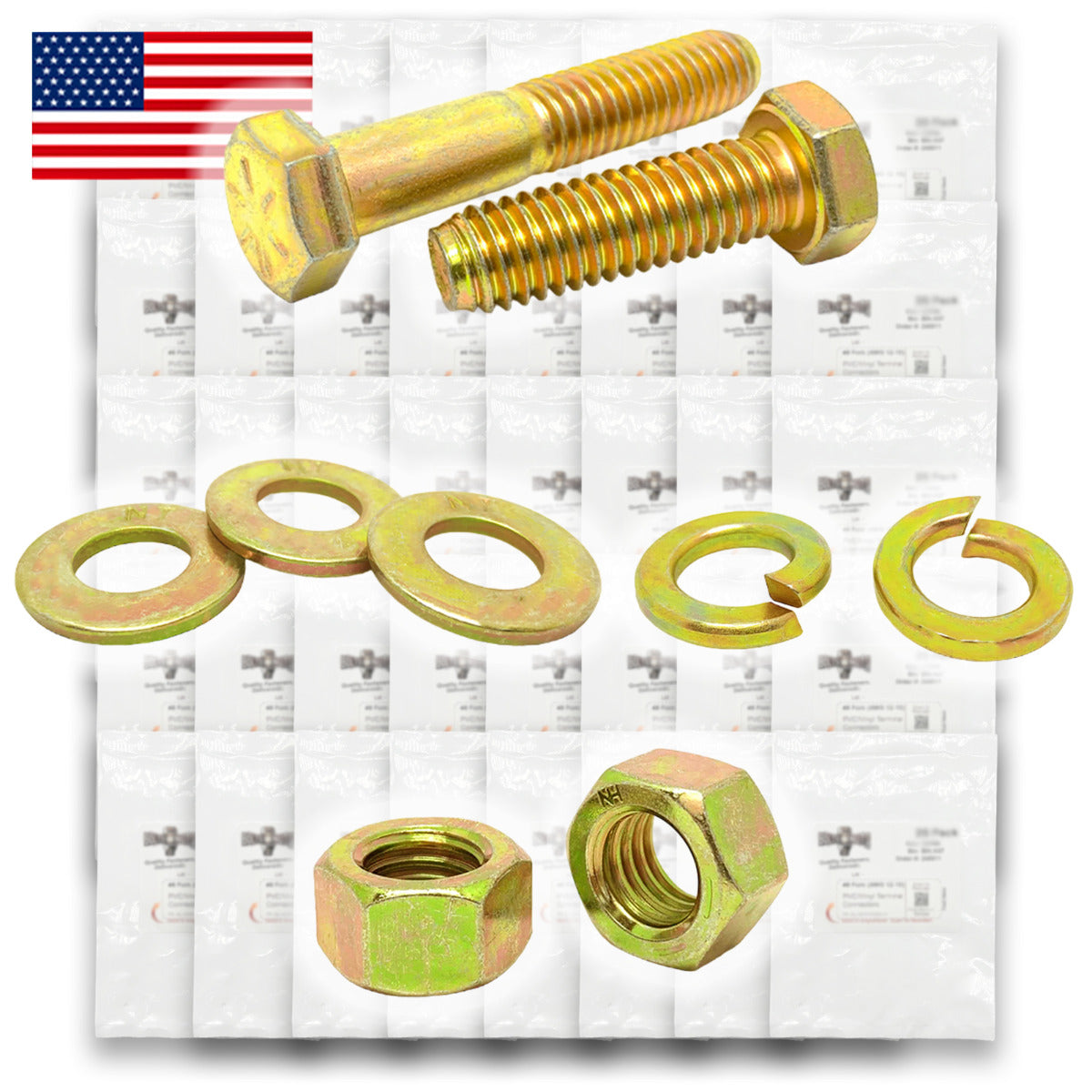 Inch Grade 8 Coarse Hex Cap Screws, Hex Nuts, Flat & Lock Washers Zinc Yellow USA Made Hardware - 2011 PCS
