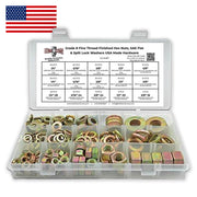 Inch Grade 8 Fine Thread Finished Hex Nuts, SAE Flat & Split Lock Washers USA Made Hardware Assortment - 351 Pcs