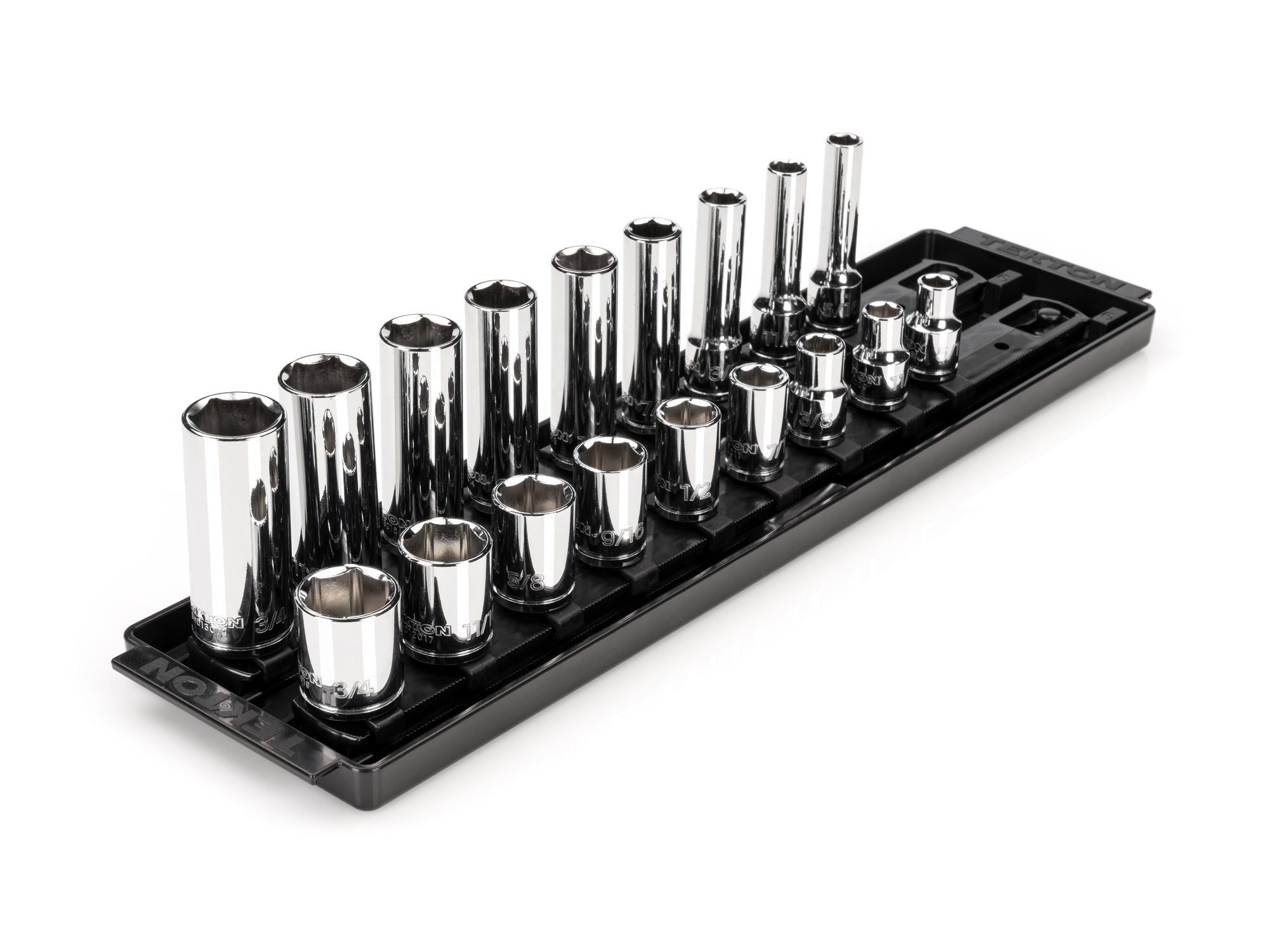3/8 Inch Drive Shallow and Deep 6-Point Socket Set with Rails and Tray, 18-Piece (5/16 - 3/4 in.)