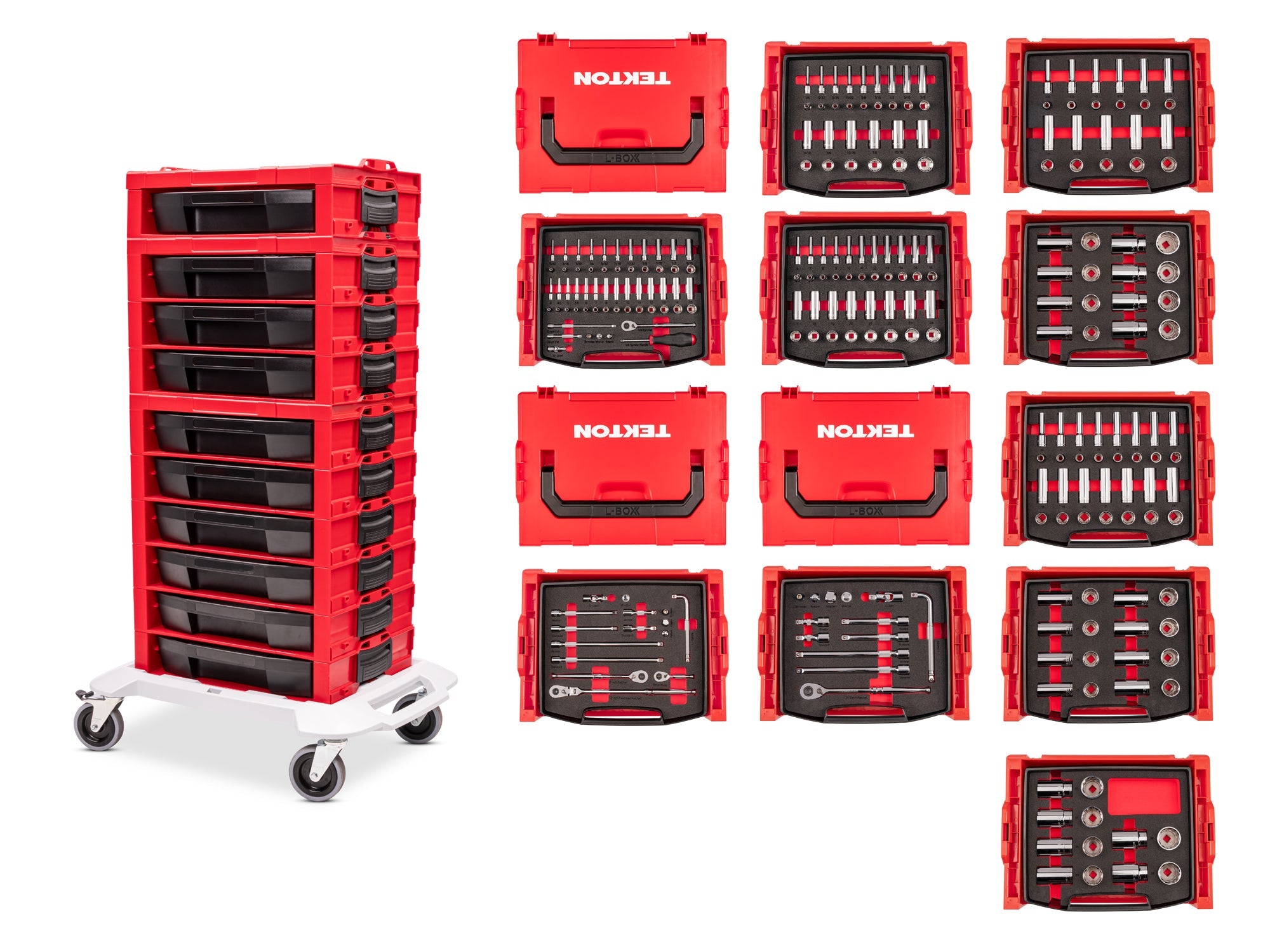 1/4, 3/8, 1/2 Inch Drive Shallow and Deep 12-Point Socket and Ratchet Set in Modular Stacking Tool Cart, 250-Piece (5/32 - 1-1/2 in., 4 - 38 mm)