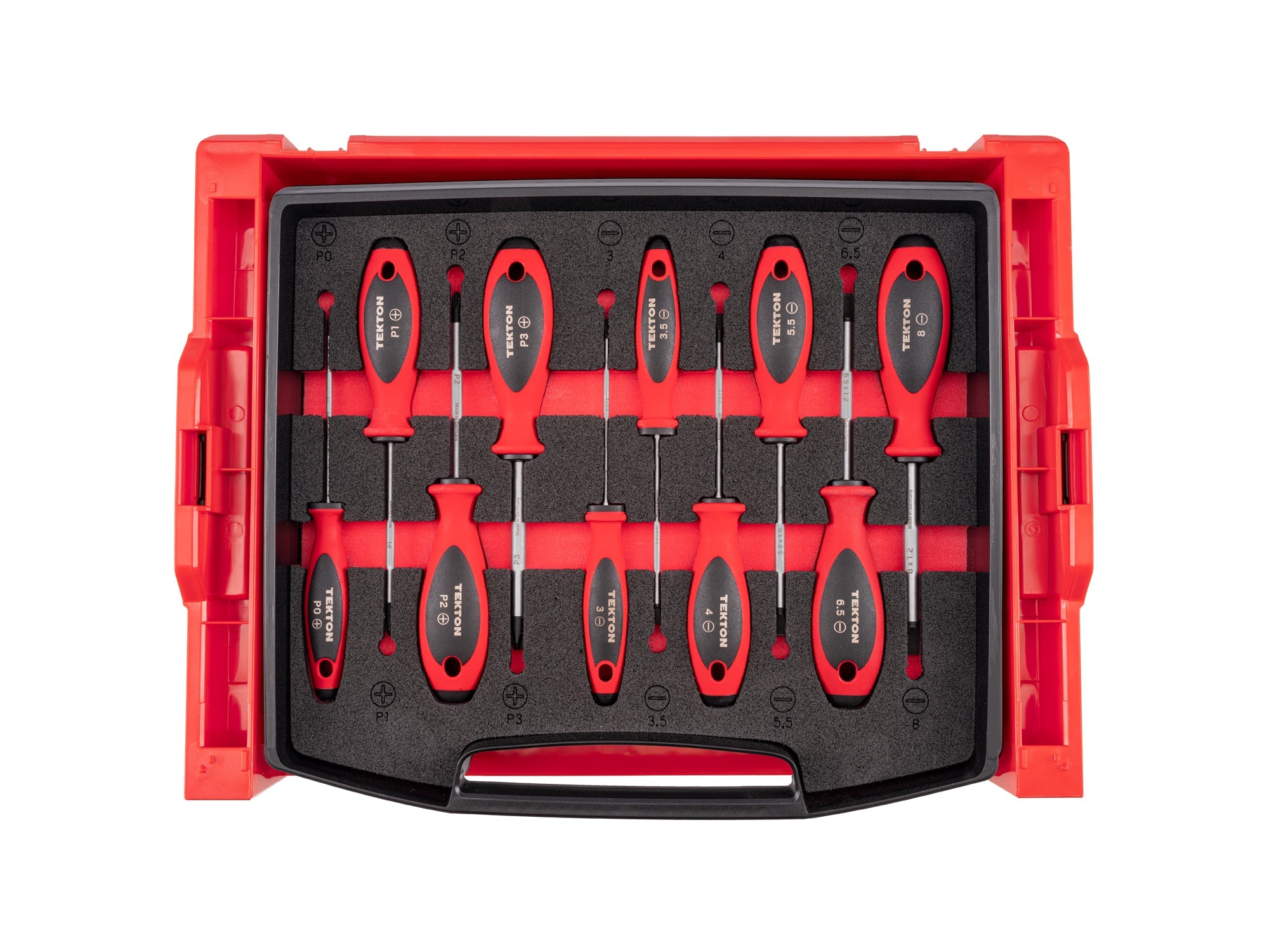 Phillips and Slotted Screwdriver Set with Open Top Drawer and Rack - 4 Inch Shanks, 10-Piece (#0 - #3, 3 - 8 mm)