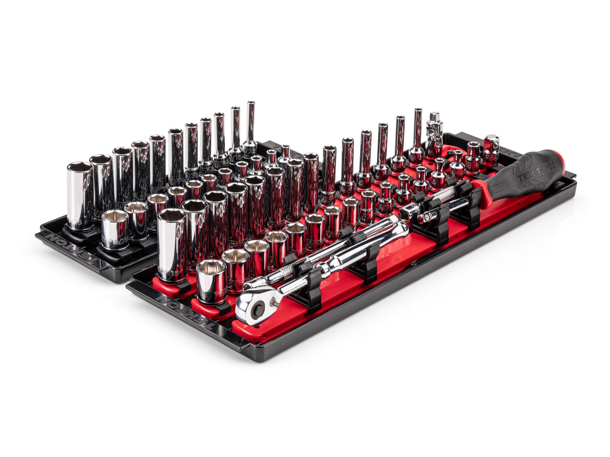 1/4 Inch Drive Shallow and Deep 6-Point Socket and Ratchet Set with Rails and Trays, 57-Piece (5/32 - 9/16 in., 4 - 15 mm)