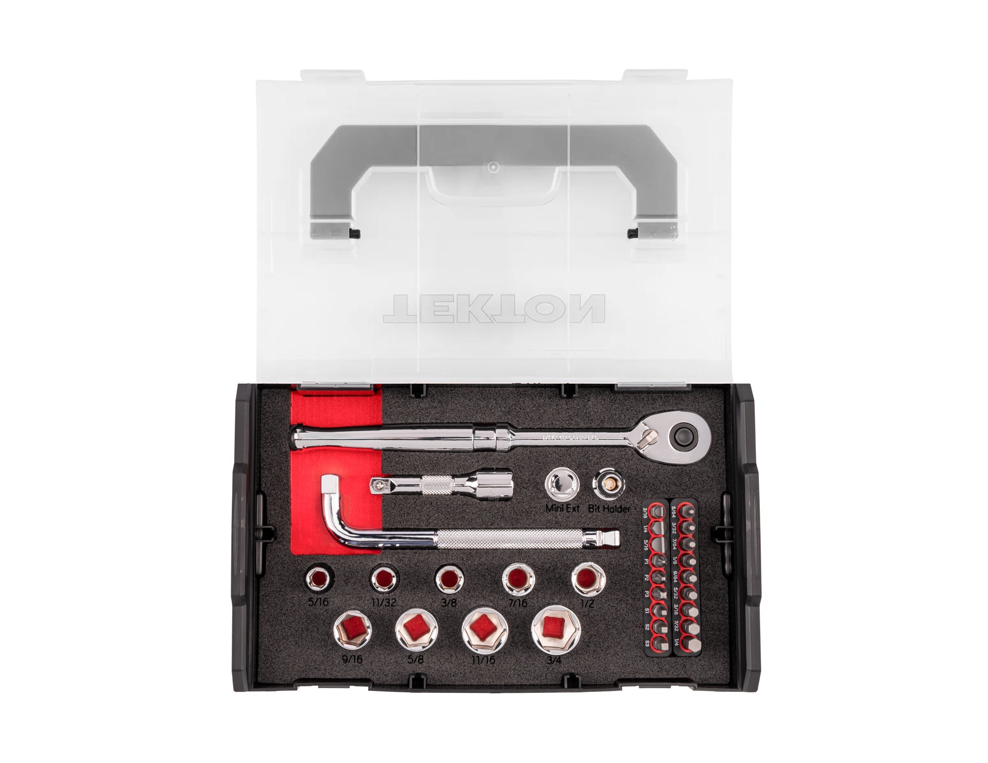 3/8 Inch Drive 6-Point Socket, Bit, and Ratchet Set with Mini Stacking Tool Box (32-Piece)