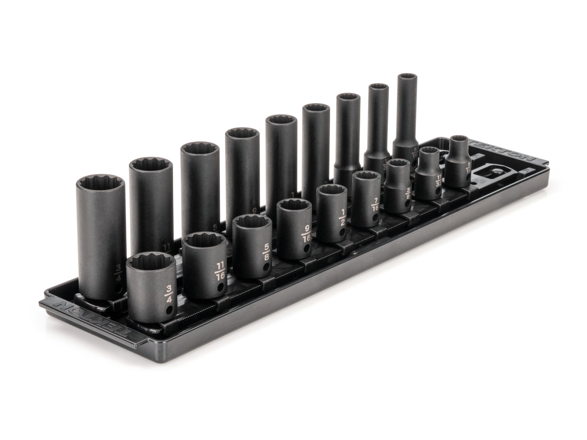 3/8 Inch Drive Shallow and Deep 12-Point Impact Socket Set with Rails and Tray, 18-Piece (5/16 - 3/4 in.)
