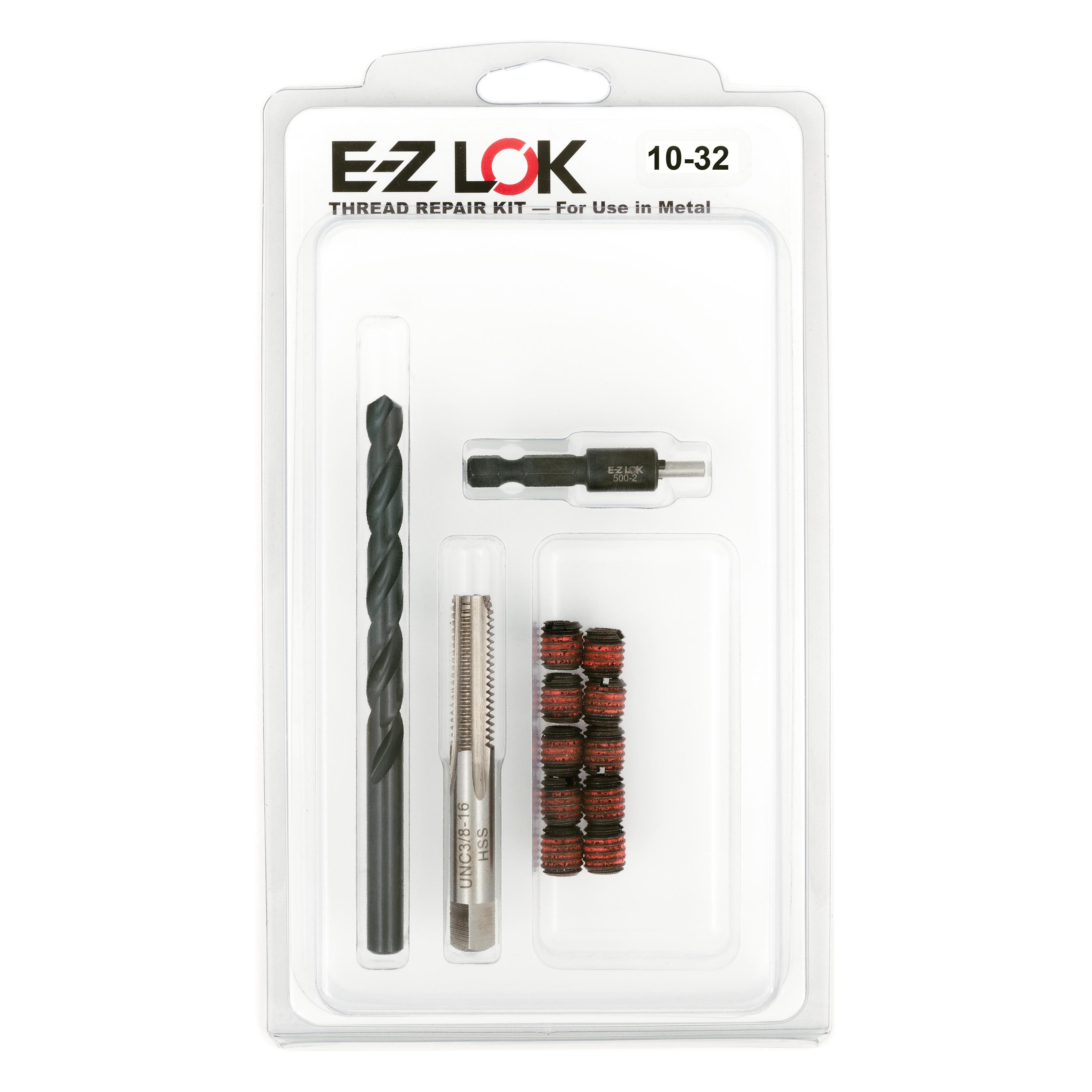 #10-32 x 3/8"-16 Carbon Steel Solid Wall Threaded Insert W/Red Loctite Standard Repair Kit with Inserts, Drill Bit, Tap, and Install Tool