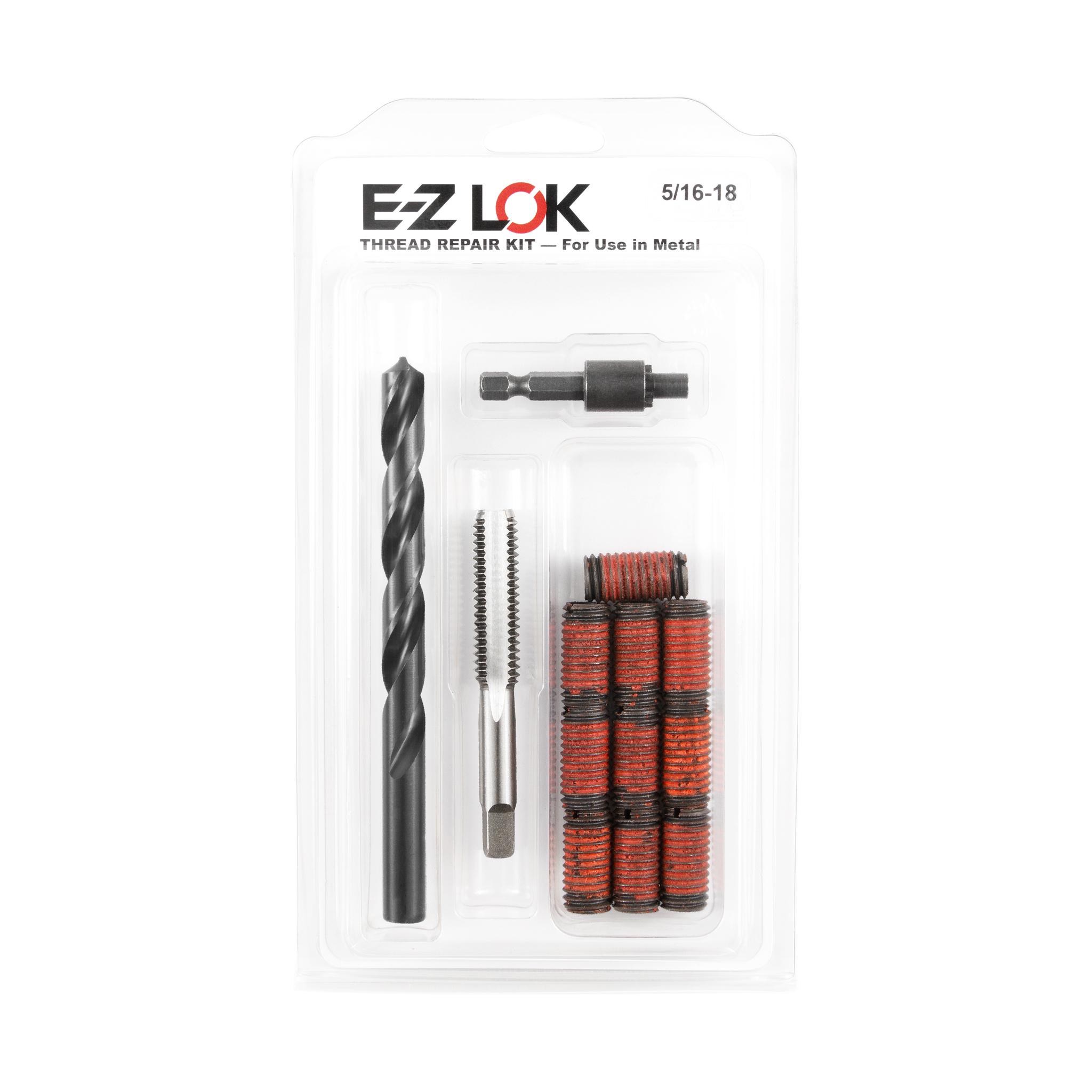 5/16"-18 x 1/2"-13 x 1" Length Carbon Steel Solid Wall Threaded Insert W/Red Loctite Standard Repair Kit with Inserts, Drill Bit, Tap, and Install Tool