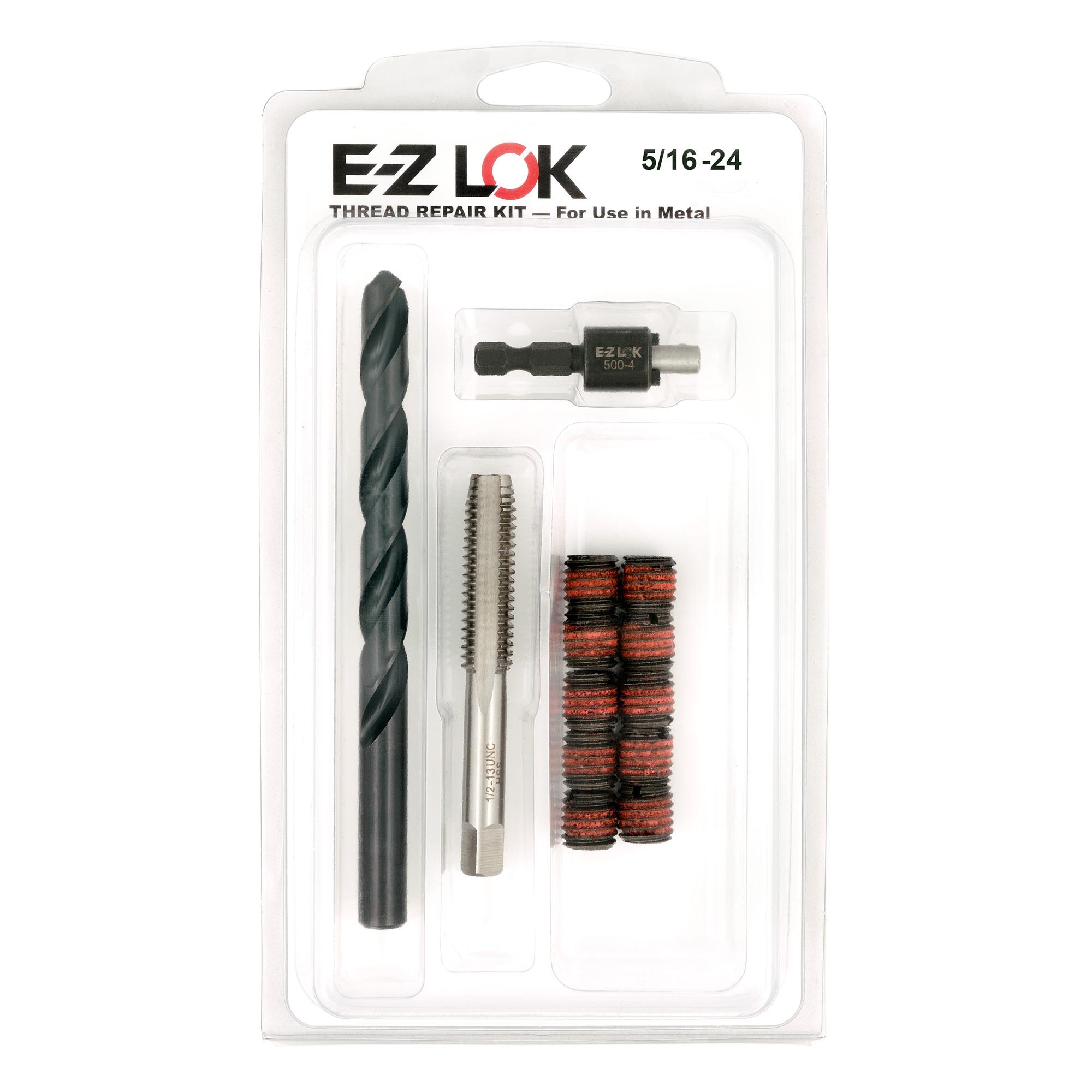5/16"-24 x 1/2"-13 Carbon Steel Solid Wall Threaded Insert W/Red Loctite Standard Repair Kit with Inserts, Drill Bit, Tap, and Install Tool